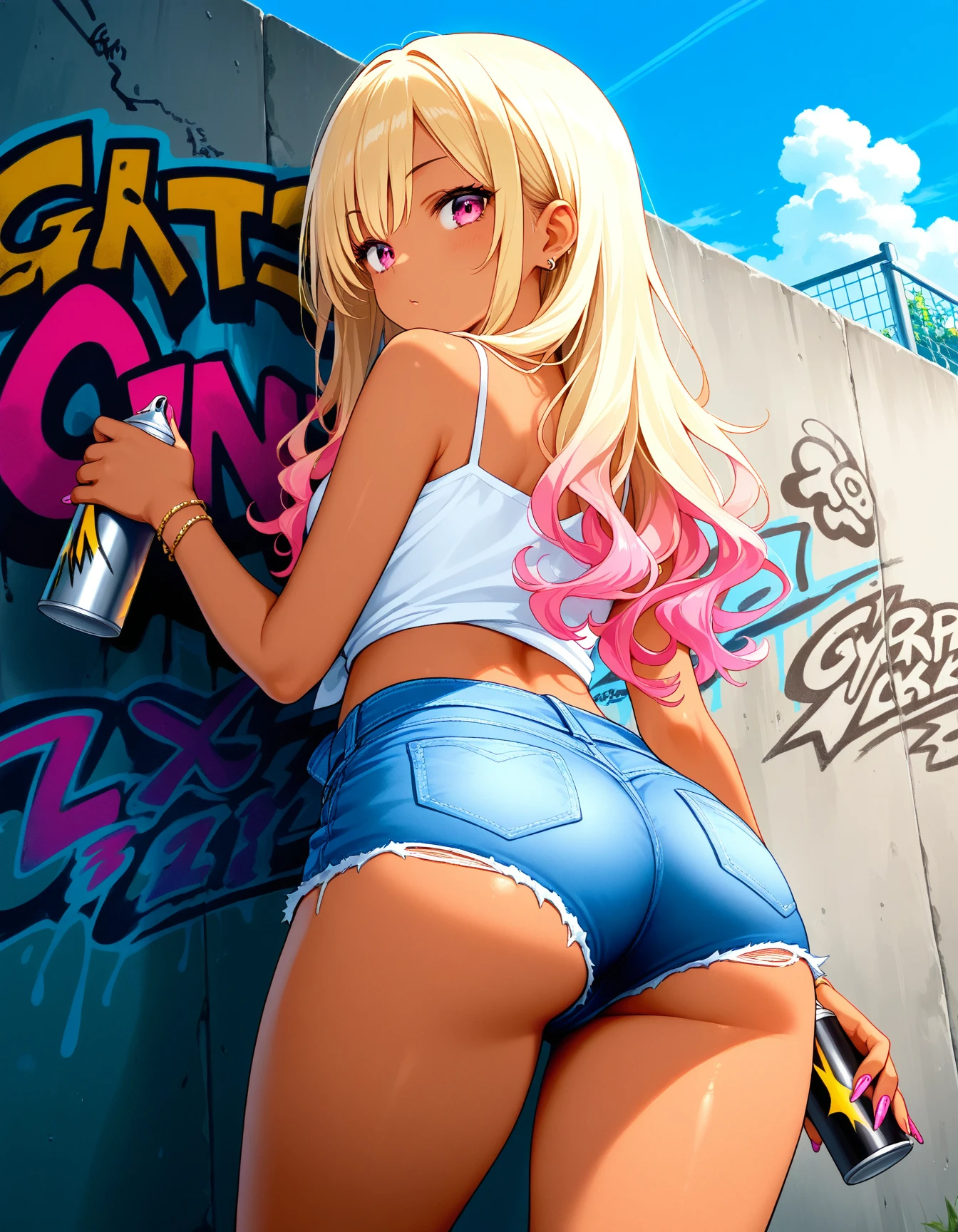 masterpiece, best quality,
1girl,solo,casual,denim shorts,gyaru,standing,looking back,
wall,graffiti,holding spray can,outdoors,