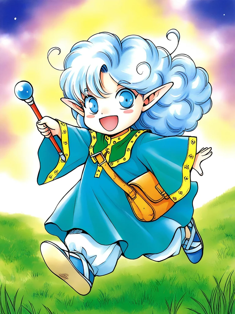 general,highres, ultra-detailed,very aesthetic,best quality ,best hands, BREAK <lora:Rumy_Fortune_Quest_Ver2.0_IS:1>Rumy(Fortune_Quest), 1girl, solo, blue eyes, pointy ears, blue hair, curly hair, ahoge,
open mouth, smile, long sleeves, , blue robe, bag,
closed mouth, solo, 1girl, smile, long sleeves, looking at viewer,
green dress, holding, wand, open mouth, wide sleeves,
full body, long hair,
fantasy, sky, grass,