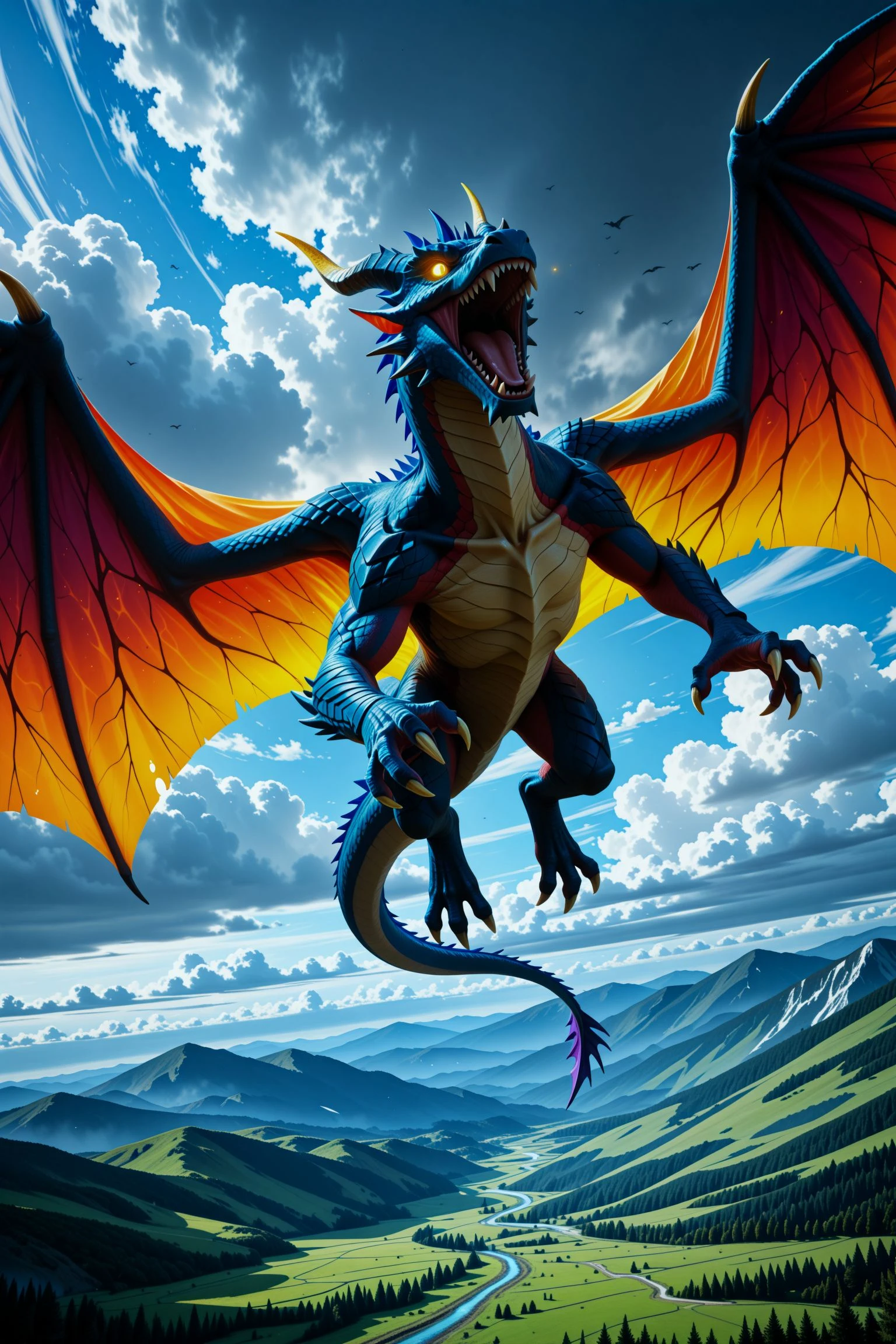 colorful,creature,dragon,dragon wings,dragon tail,western dragon,fantasy,storm,flying,realistic,photo background,blue sky,open mouth,day,glowing eyes,scales,wings,sharp teeth,outdoors,cloudy sky,glowing,claws,teeth,no humans,animal focus,scenery,horns,mountainous horizon,monster,sky,yellow eyes,full body,tail,dragon horns,rainbow gradient,landscape,photo background,
(masterpiece, best quality, newest, absurdres, highres),(anime coloring:2.4),