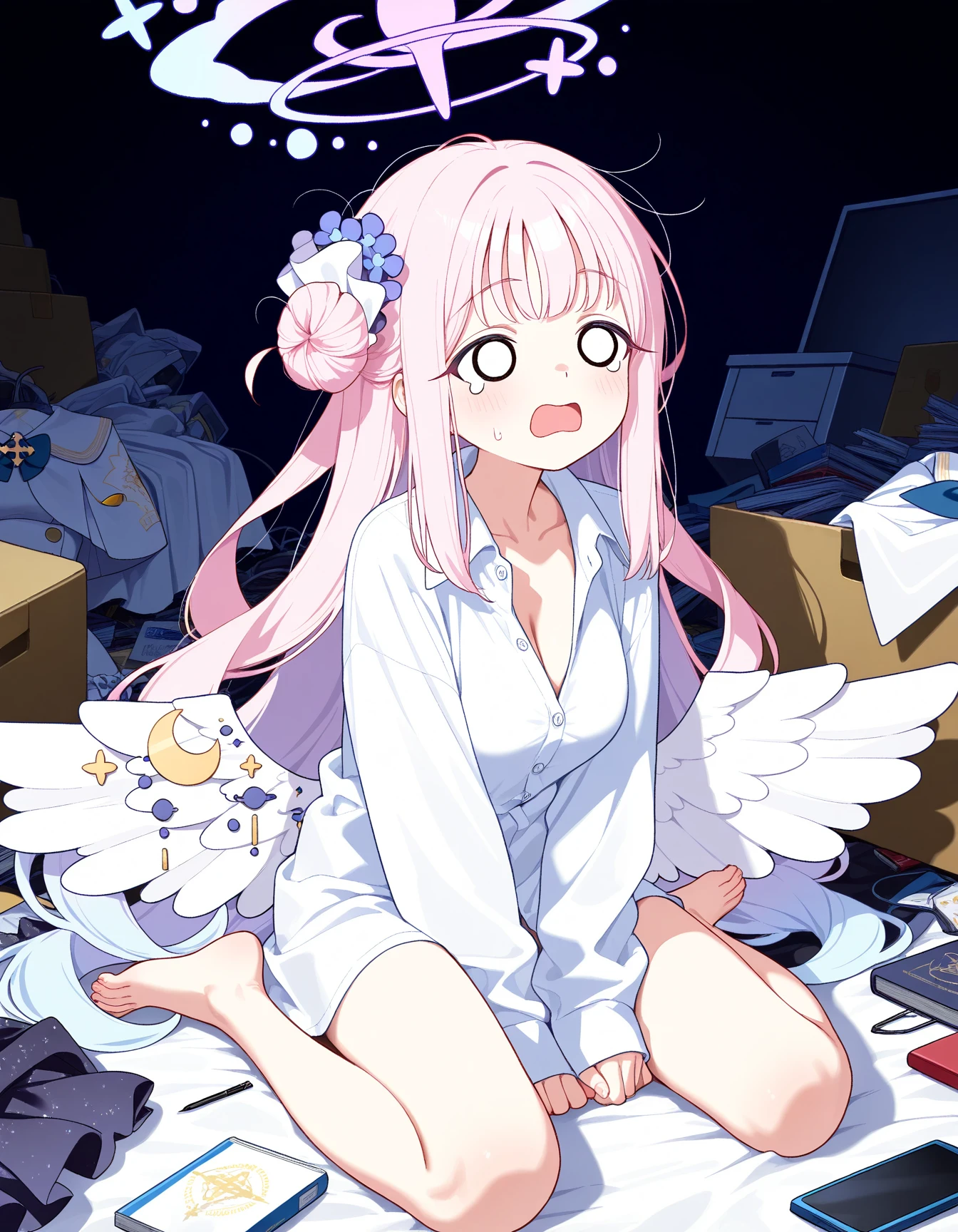 masterpiece, best quality,
1girl,solo,mika \(blue archive\),blue archive,o o,wariza,simple background,messy room,barefoot