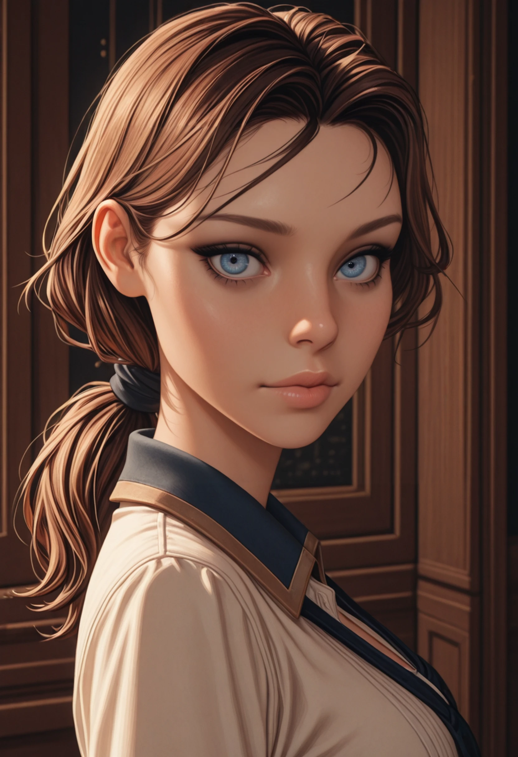 masterpiece, best quality, absurdres, highres, extremely high detail,
<lora:ILBElizabeth:1.0>
BElizabeth, 1girl, brown hair, ponytail, blue eyes, looking at viewer, portrait