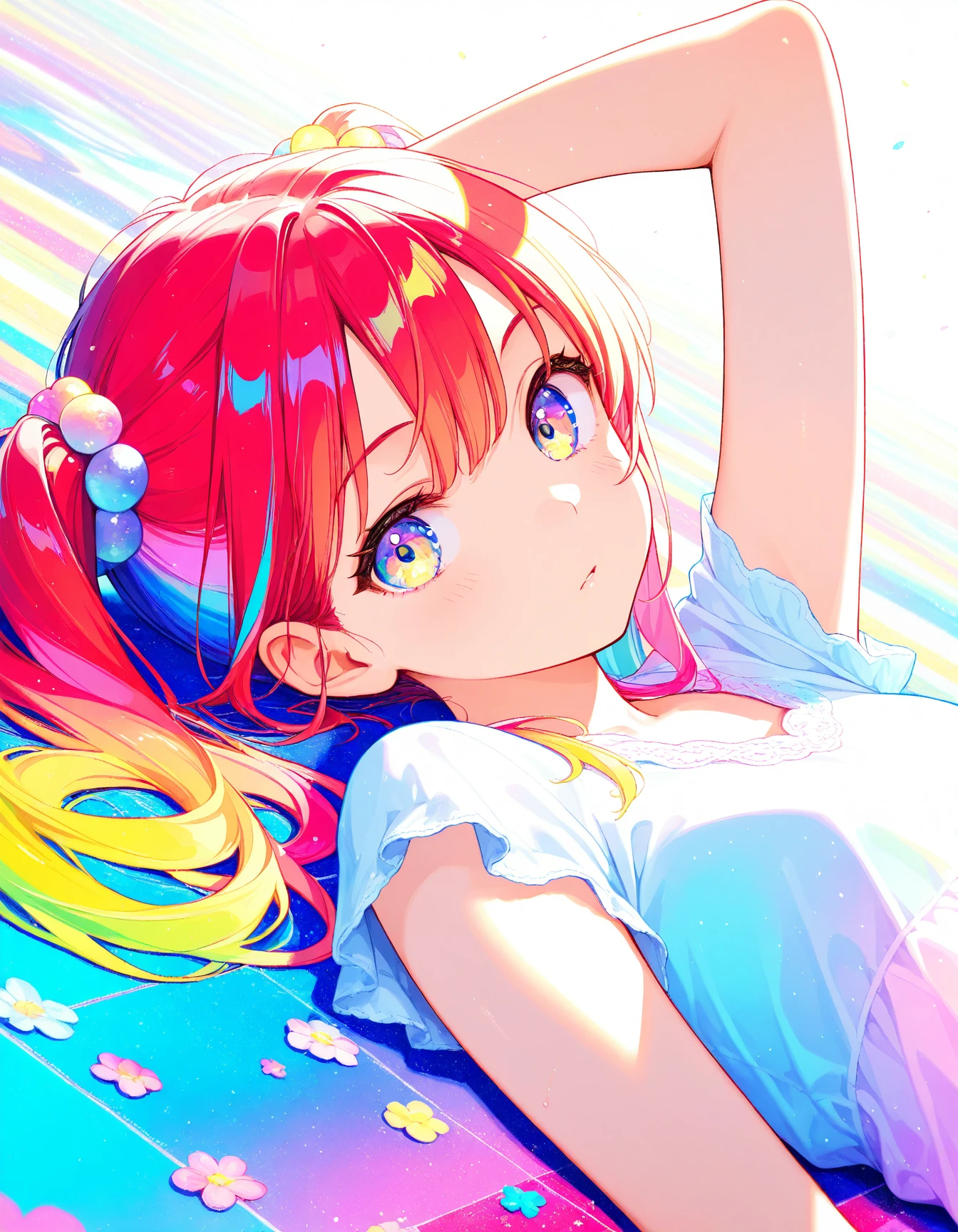 masterpiece, best quality,
1girl,solo,red hair,twintails,colorful,pastel colors,lying,arm up,