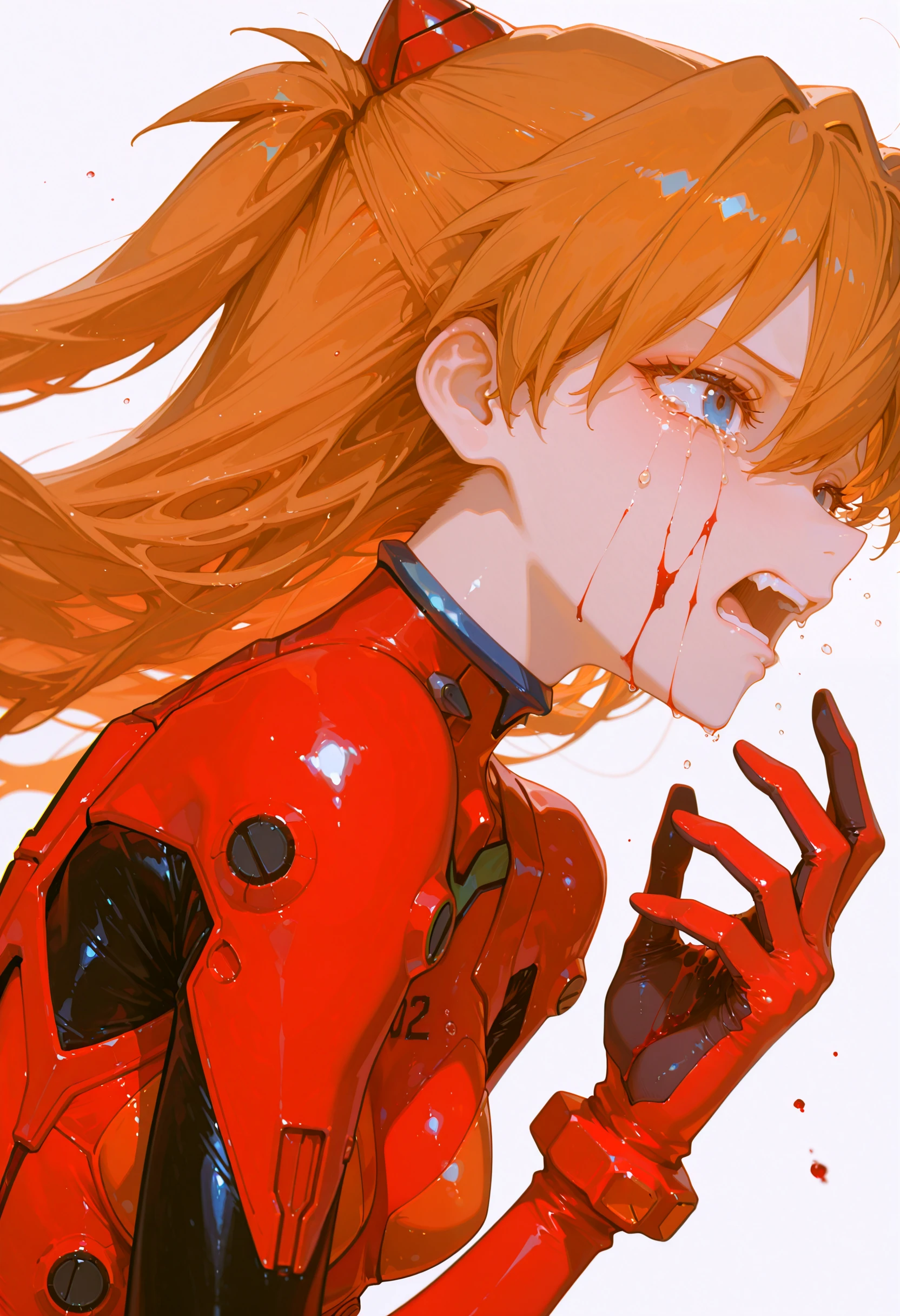 QWlh, souryuu asuka langley, 1girl, plugsuit, solo, blue eyes, blood on face, long hair, red bodysuit, interface headset, pilot suit, orange hair, from side, bodysuit, open mouth, upper body, science fiction, white background, teeth, two side up, tears, simple background, hand up, brown hair, floating hair, blood on hands, crying, <lora:QWlhcnRZYXNzaHk=-illustriousXL_v01_V1-CAME>