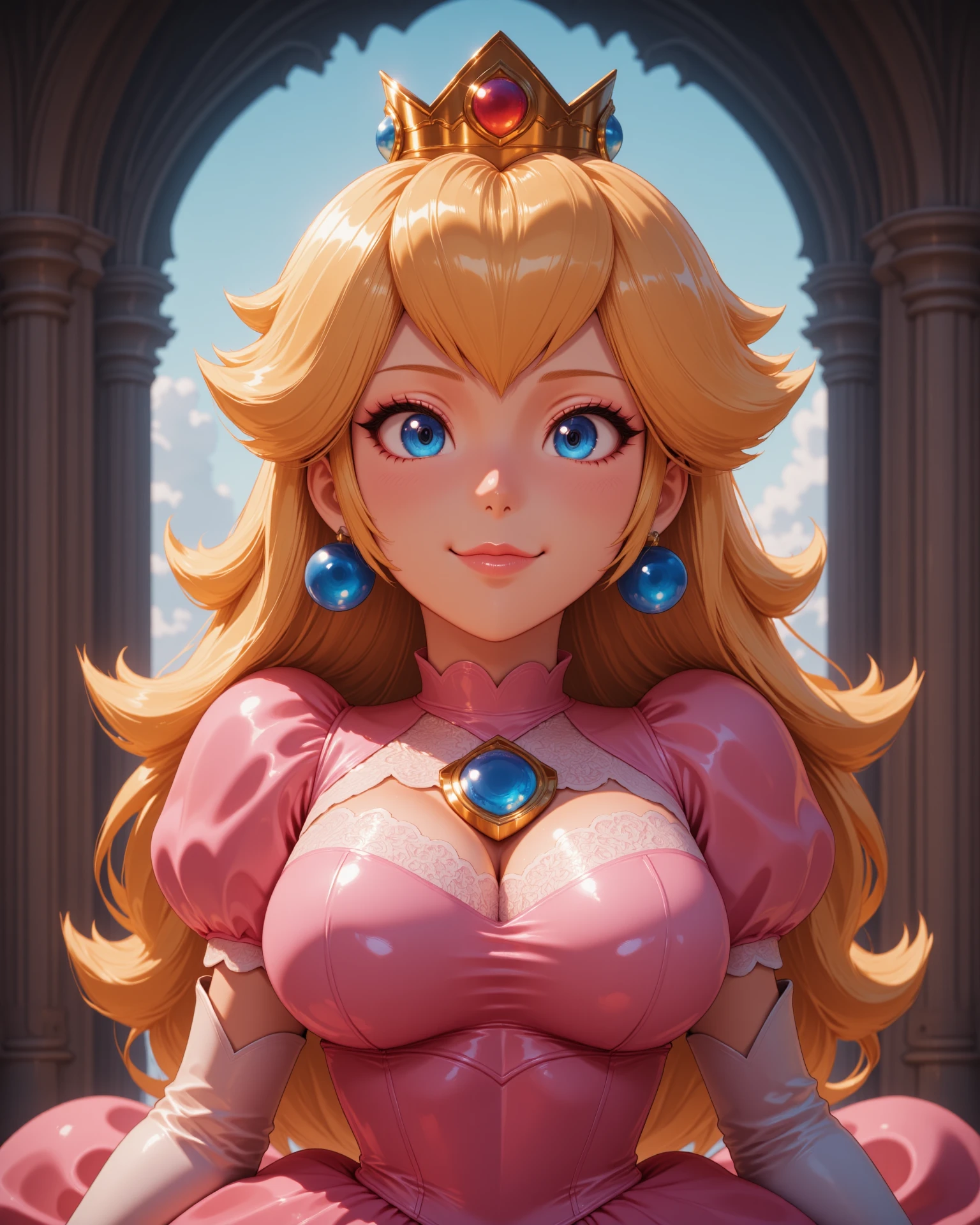 A semi-realistic digital portrait of  <lora:Super_Mario_Bros_-_Peach-000014:1>  n-peach with piercing crystal blue eyes and blonde hair, emi-realistic style, high detail, soft lighting, painterly textures, concept art quality, fantasy aesthetic.
a close-up Passport style image showing her upper body She's wearing a refined pink royal gown with intricate embroidery, lace accents, and puffed sleeves and a golden crown with red and blue jewels.