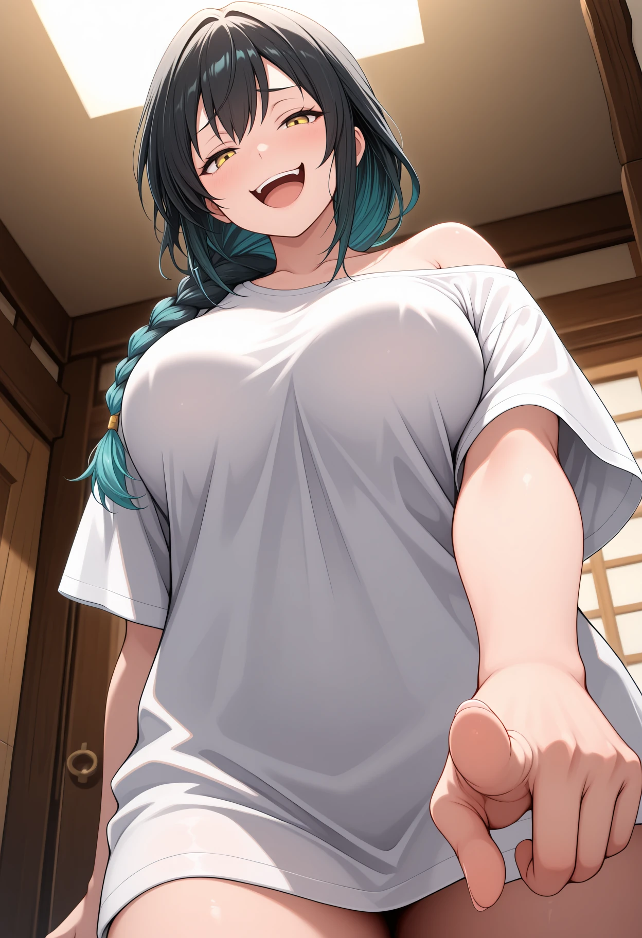 (8Kmasterpiece,highest quality:1.4),Ultra-high resolution,(masterpiece:1.4),hyper detail BREAK (1 girl,1 middle aged man,standing doggy style sex:1.8),(man is grabbing girl's ass from behind:1.6) BREAK (girl),Beautiful Face,(dark green eyes),(Sleepy eyes:1.35),(Thick eyeliner:1.3),Beautiful and delicate eyes,(Thin and long eyelashes:1.3),artistic makeup,(black hair),(hair between eyes),(long hair),(ahoge), (embarrassing),(condescend laugh:1.3),(open mouth),sweat,(smug:1.2),(Slender body),(big breasts:1.3),(big thights:1.3),(big ass),(big areola:1.5),(perl areola:1.3),(long breasts:1.5),(nude:1.6) BREAK (dark basement:1.3) BREAK depth of written boundary,(looking away:1.4),(nfsw:2),shot from side