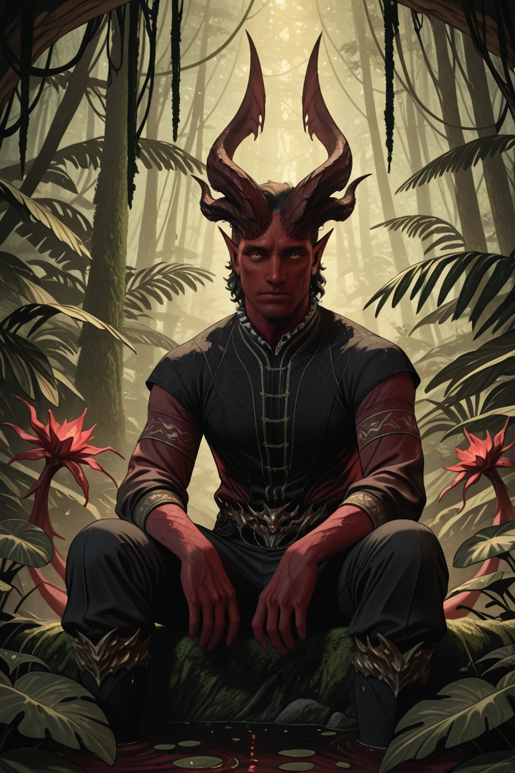 masterpiece, best quality, absurdres, highres, extremely high detail,
<lora:ILBGRaphaelC:1.0>
BGRaphaelC, 1boy, demon horns, pointy ears, yellow eyes, red skin, colored scalea, Rainforest canopy with sunbeams, vibrant and lush, sitting