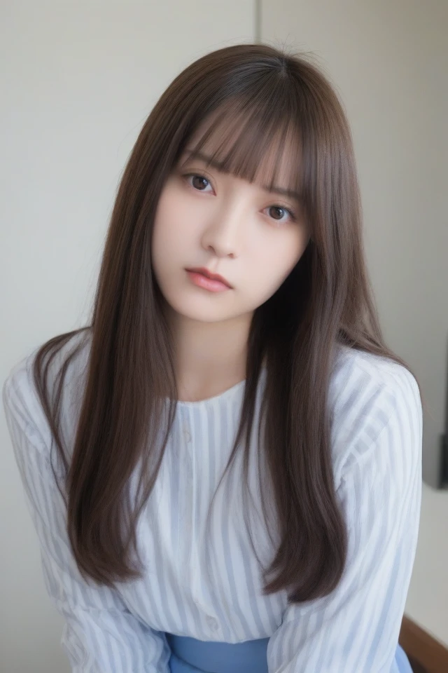 1girl,solo,shirt,long hair,skirt,looking at viewer,realistic,brown hair,bangs,striped shirt,blue skirt,long sleeves,lips,blunt bangs,striped,black eyes,cosplay,brown eyes,upper body,white shirt,indoors,closed mouth,blue shirt,real life insert,black hair,shirt tucked in,<lora:Pony-Nashiko Momotsuki:1>,