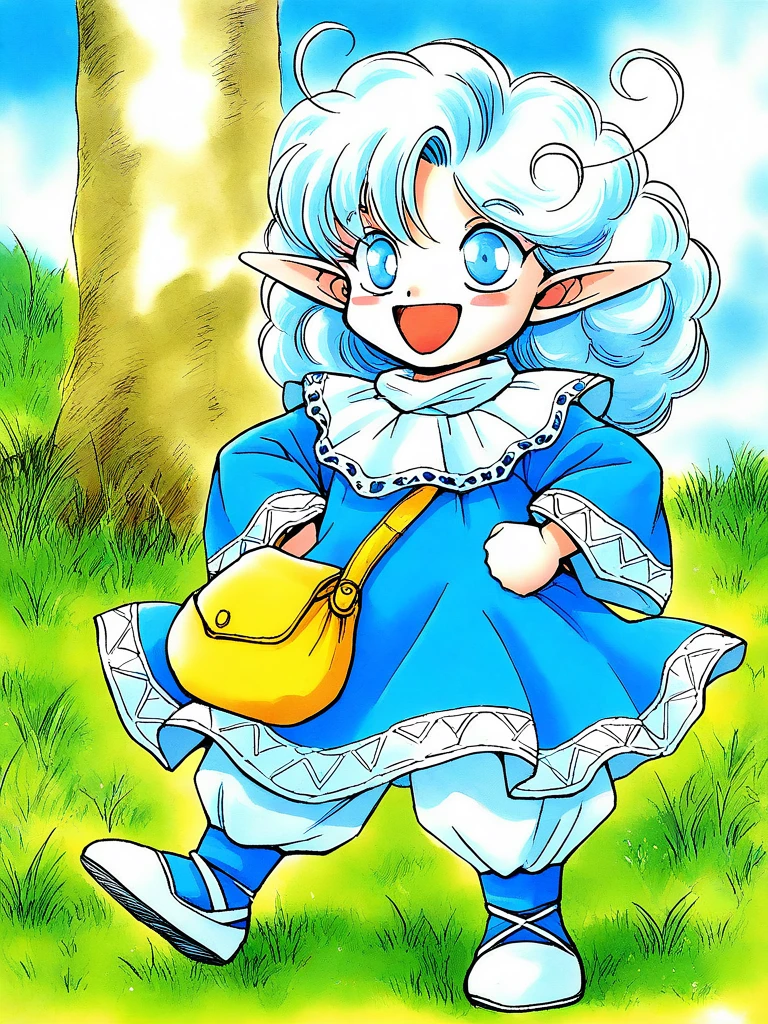 general,highres, ultra-detailed,very aesthetic,best quality ,best hands, BREAK <lora:Rumy_Fortune_Quest_Ver2.0_IS:1>Rumy(Fortune_Quest), 1girl, solo, blue eyes, pointy ears, blue hair, curly hair, ahoge,
open mouth, smile, long sleeves, light blue dress, bag,
hands on own hip,, standing, robe, white shoes,
happy, blue boots, long pants, wide sleeves,
grass, sky,