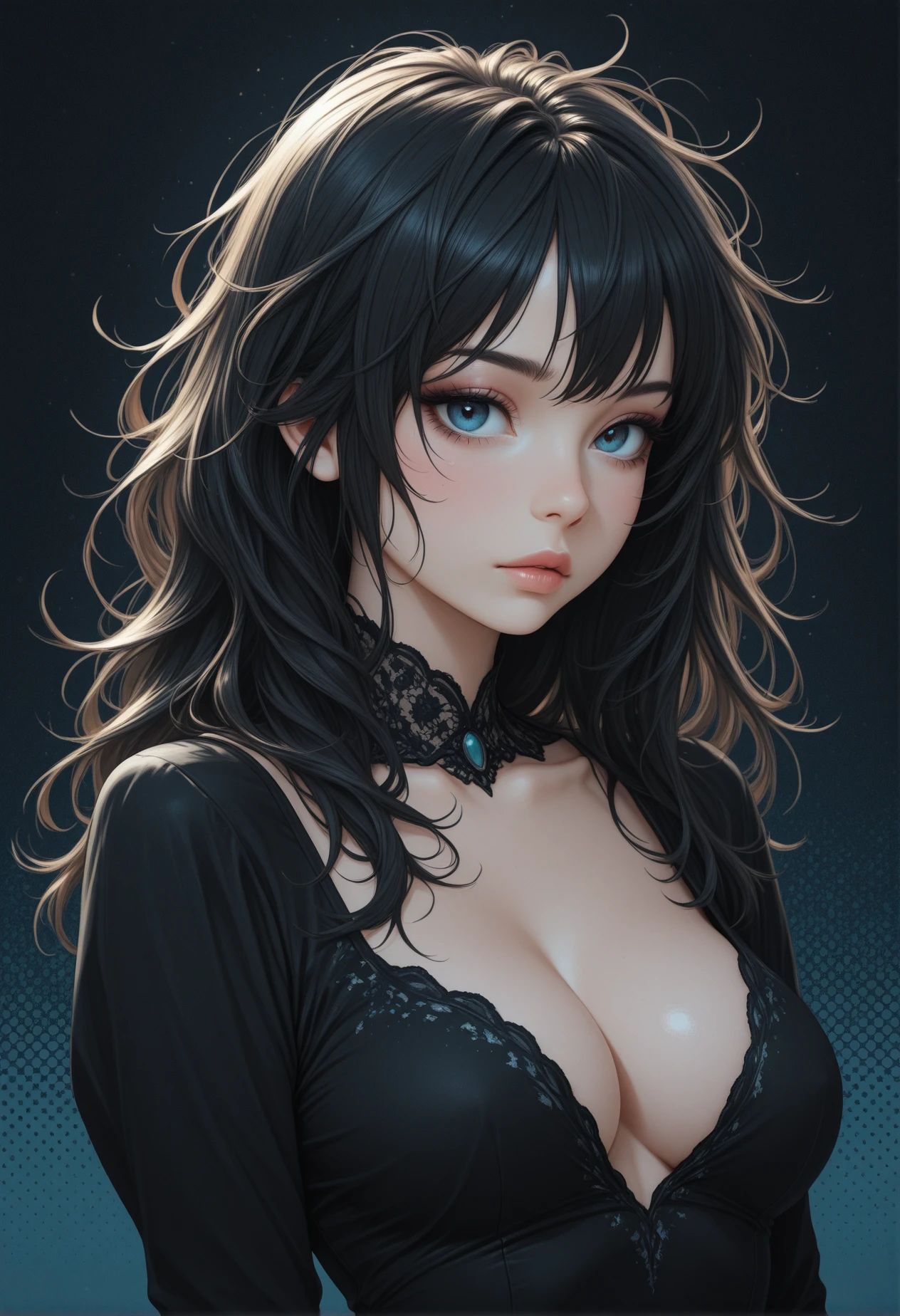 high_quality, highres, beautiful, detailed, (masterpiece, best quality:1.2), absurdres, 8k, HDR, 1girl, black dress, black hair, blue eyes, breasts, cleavage, dress, lips, long hair, makeup, medium breasts, messy hair, solo, upper body , green halftone background