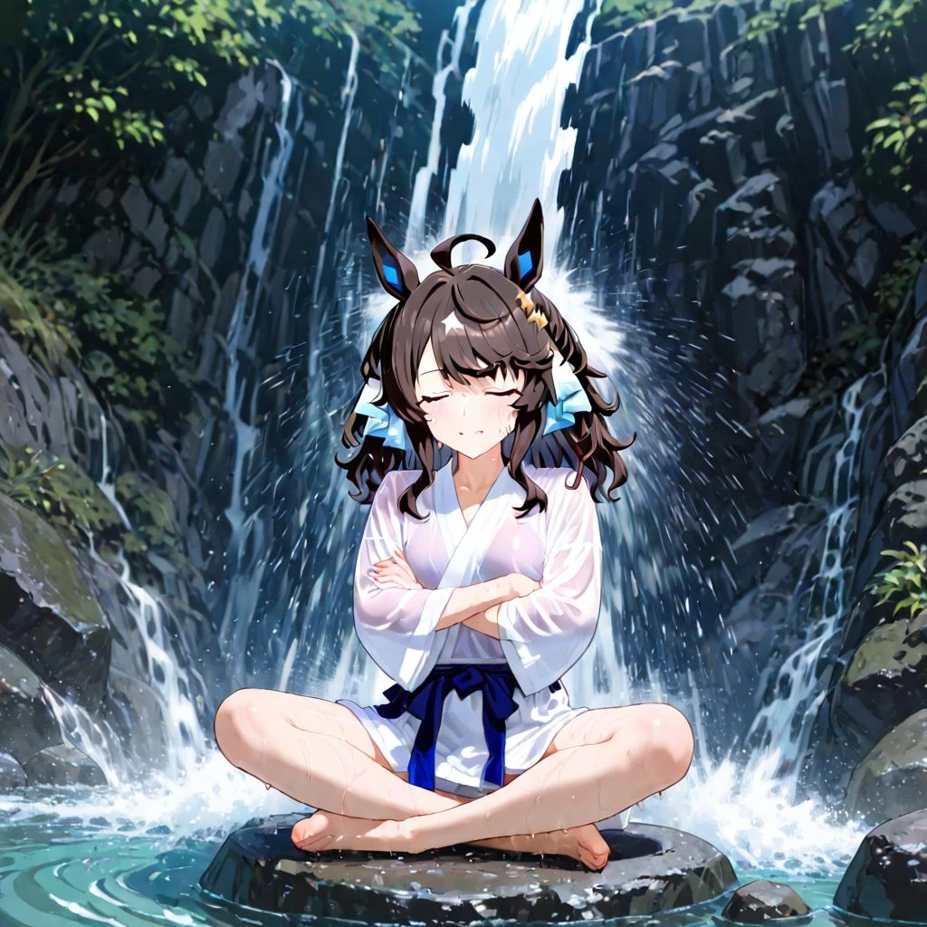 1girl, daring tact \(umamusume\), (body in waterfall:1.1), (showering:1.1), waterfall on face, face in water, in water, dougi, sitting on rock, indian style, crossed arms, closed eyes, wet hair, messy hair, water, wet, waterfall, wet hair, wet clothes, japanese clothes