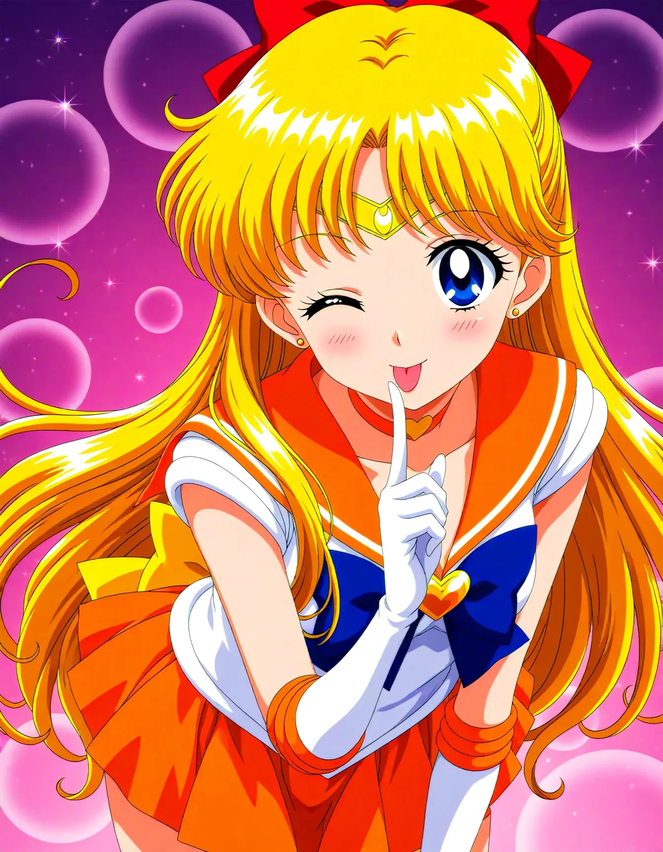 <lora:dmd2_sdxl_4step:1>,official style,masterpiece,best quality,newest,very aesthetic,highly detailed,high resolution,absurdres,highres,depth of field,super detailed skin,very awa,Anime,anime coloring,anime screencap,<lora:sailor_venus_V4.1:1>,sailor venus,blonde hair,blue eyes,tiara,bow,red hair bow,half updo,long hair,red bow,yellow back bow,heart brooch,choker,elbow gloves,jewelry,magical girl,leotard,orange choker,orange sailor collar,orange skirt,sailor collar,sailor senshi uniform,skirt,white gloves,gloves,leaning_forward,tongue out,index_finger_raised,finger_to_mouth,abstract_background,one eye closed,shou,