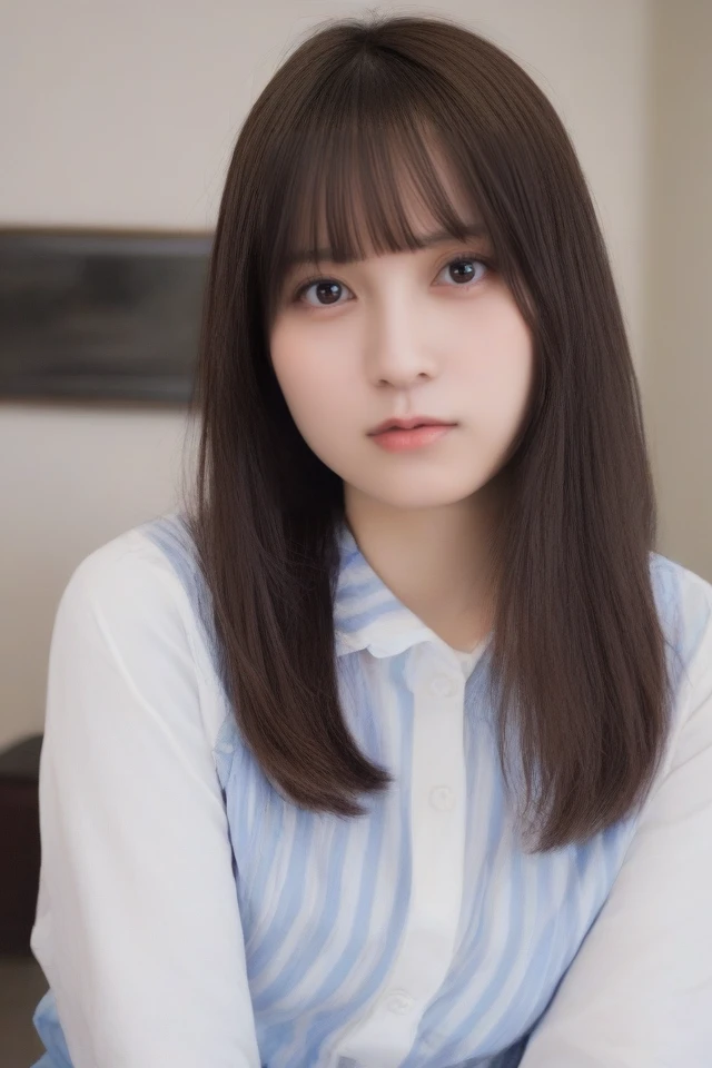 1girl,solo,shirt,long hair,skirt,looking at viewer,realistic,brown hair,bangs,striped shirt,blue skirt,long sleeves,lips,blunt bangs,striped,black eyes,cosplay,brown eyes,upper body,white shirt,indoors,closed mouth,blue shirt,real life insert,black hair,shirt tucked in,<lora:Pony-Nashiko Momotsuki:1>,