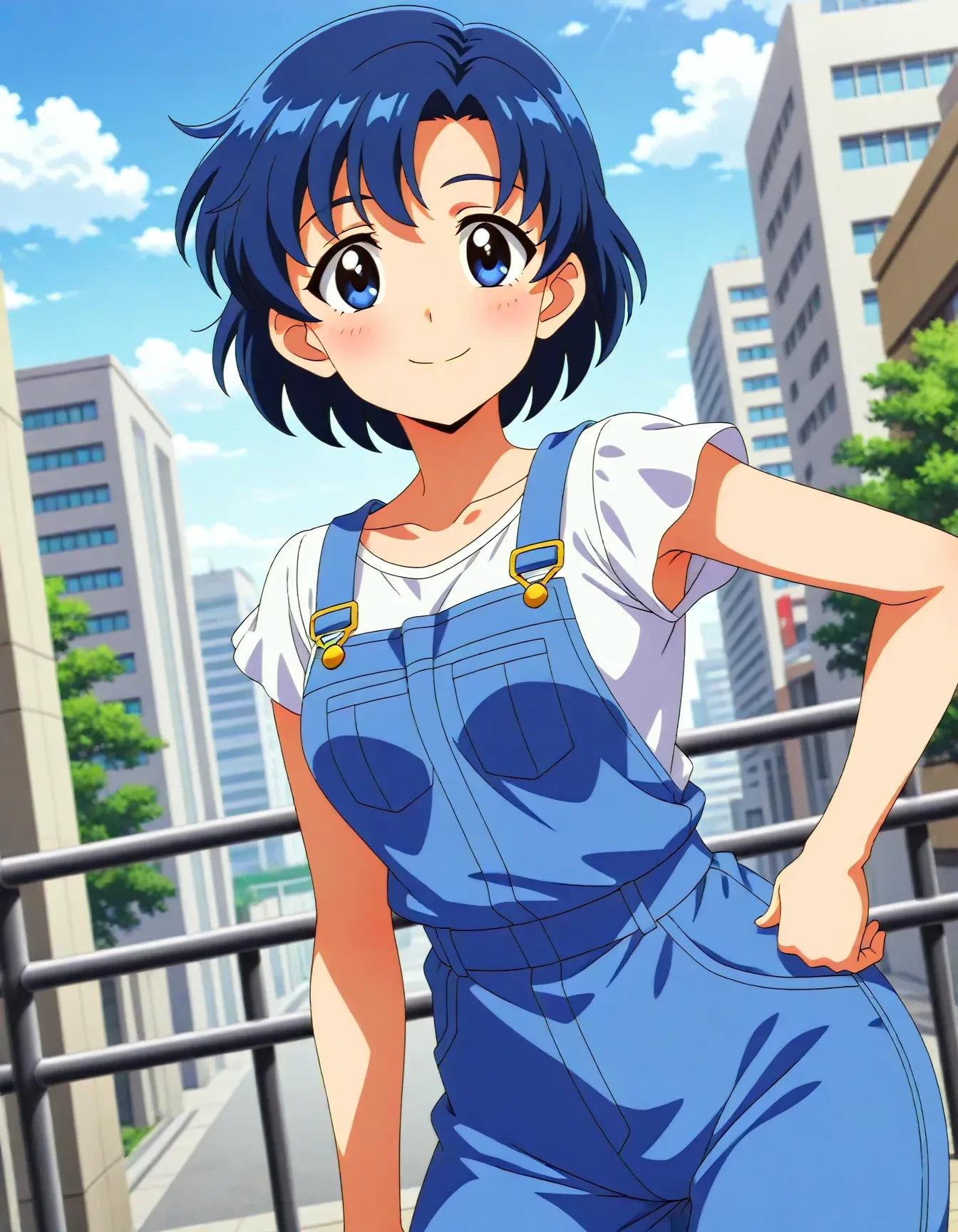 <lora:dmd2_sdxl_4step:1>,official style,masterpiece,best quality,newest,very aesthetic,highly detailed,high resolution,absurdres,highres,depth of field,super detailed skin,very awa,Anime,anime coloring,anime screencap,<lora:sailor_mercury_V3.1:1>,mizuno ami,solo,blue eyes,blue hair,short hair,medium breasts,city,smile,overalls,posing,bangs_pinned_back,
