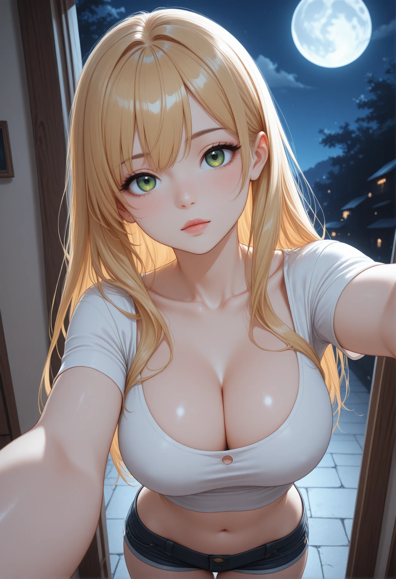 high_quality, highres, beautiful, detailed, (masterpiece, best quality:1.2), absurdres, 8k, HDR, 1girl, breasts, cleavage, collarbone, foreshortening, full moon, green eyes, large breasts, long hair, looking at viewer, midriff, moon, navel, night, outstretched arm, outstretched hand, reaching, reaching out, selfie, short shorts, shorts, solo, dynamic angle, dynamic posing,
