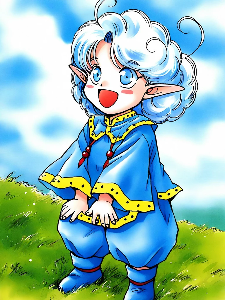 general,highres, ultra-detailed,very aesthetic,best quality ,best hands, BREAK <lora:Rumy_Fortune_Quest_Ver2.0_IS:1>Rumy(Fortune_Quest), 1girl, solo, blue eyes, pointy ears, blue hair, curly hair, ahoge,
open mouth, smile, long sleeves, light blue suit,
v arms, standing, robe,
happy, blue boots, pants, wide sleeves,
grass, sky,