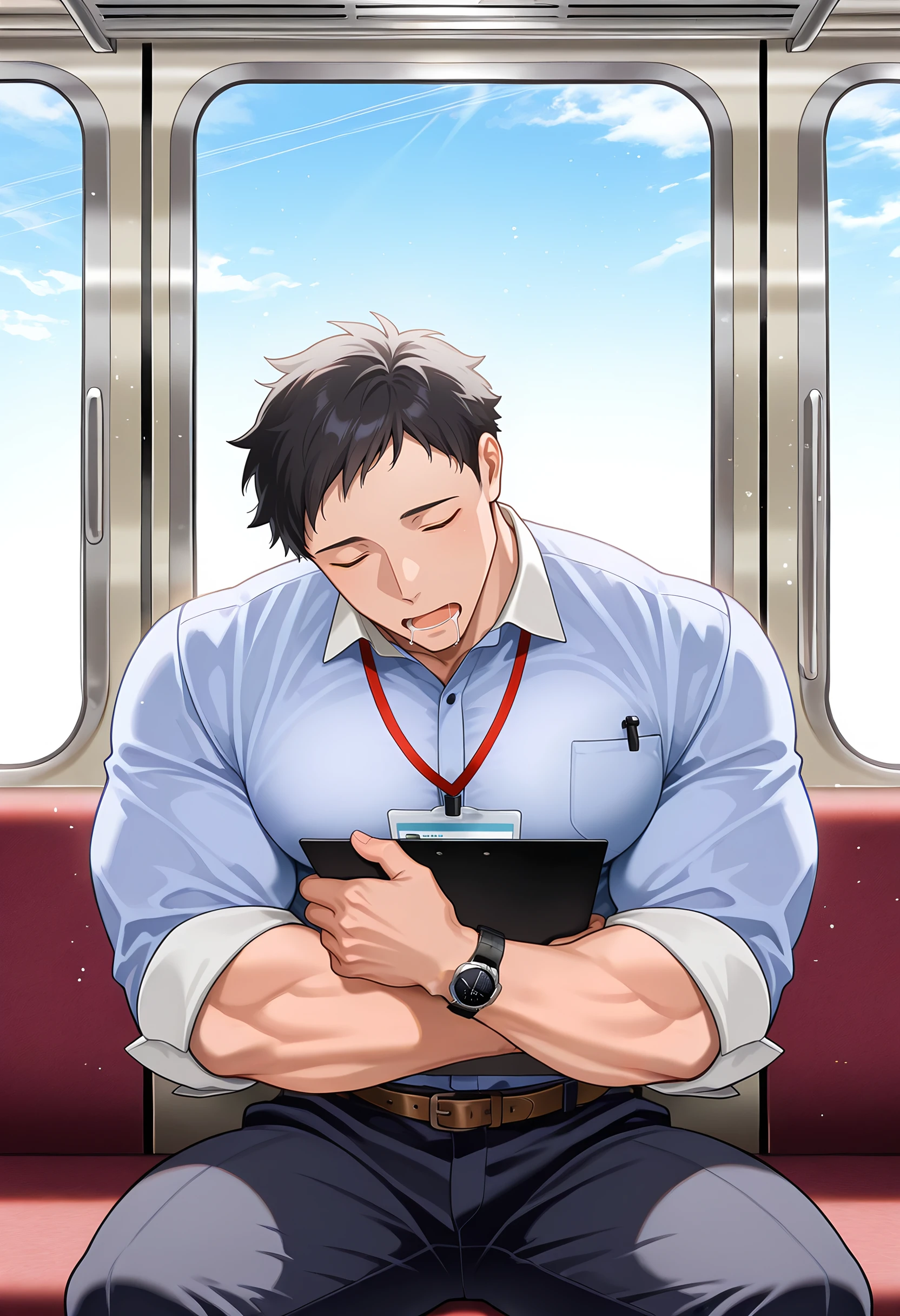 masterpiece, best quality, newest, absurdres, 1boy, male focus, upper body, sitting, holding to chest, clipboard, BREAK
<lora:Yashiro_Kizuku_Illustrious:1> y4sh1r0_k1zuku, black hair, short hair, closed eyes, BREAK
muscular male, pectorals, large pectorals, BREAK
blue shirt, id card, collared shirt, lanyard, three-quarter sleeves, breast pocket, wristwatch, brown belt, BREAK
sleeping, open mouth, drooling, anime, BREAK
train interior, blue sky, day, volumetric lighting, light particles