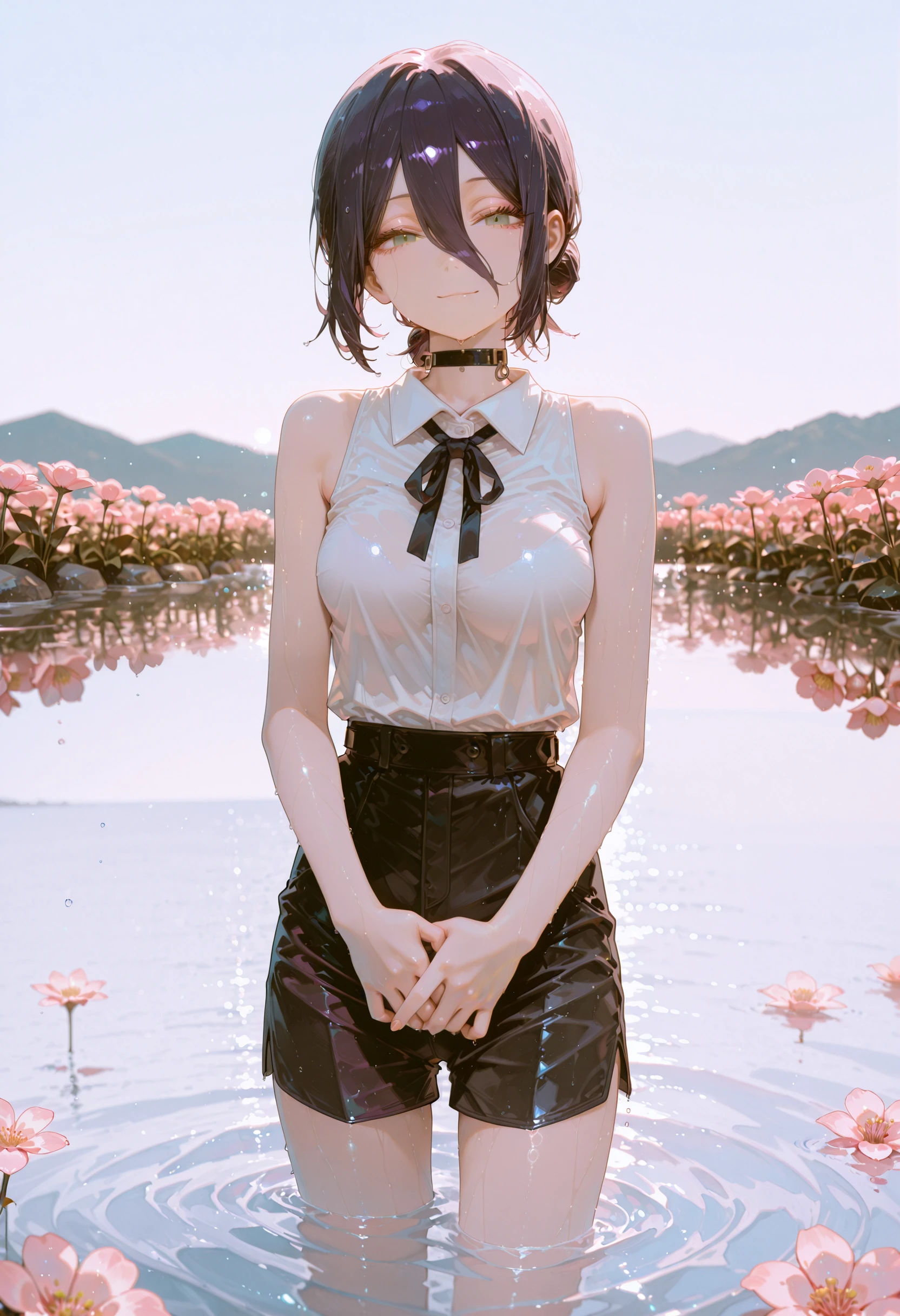 QWlh, reze \(chainsaw man\), 1girl, solo, choker, black choker, flower, shirt, black hair, looking at viewer, wading, sleeveless, hair bun, neck ribbon, green eyes, hair between eyes, ribbon, collared shirt, single hair bun, skirt, white shirt, black ribbon, sleeveless shirt, water, smile, pink flower, outdoors, fingernails, own hands together, breasts, medium hair, black skirt, sky, medium breasts, bare shoulders, short hair, standing, blurry, closed mouth, black shorts, <lora:QWlhcnRZYXNzaHk=-illustriousXL_v01_V1-CAME>