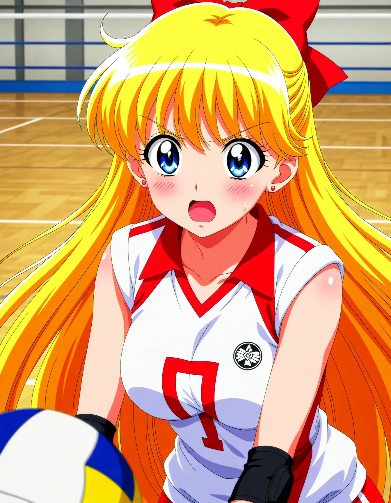 <lora:dmd2_sdxl_4step:1>,official style,masterpiece,best quality,newest,very aesthetic,highly detailed,high resolution,absurdres,highres,depth of field,super detailed skin,very awa,Anime,anime coloring,anime screencap,<lora:sailor_venus_V4.1:1>,aino minako,solo,medium breasts,bowtie,earrings,hair bow,open mouth,volleyball_uniform,playing,serious,