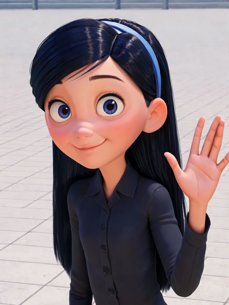 (masterpiece,best quality,newest,absurdres,highres), v10p4rr, 1girl, solo, long hair, black hair, hairband, blue eyes, black shirt, upper body, closed mouth, smile, raise left hand, waving, looking at viewer <lora:Violet_Parr_IllustriousXL:1>