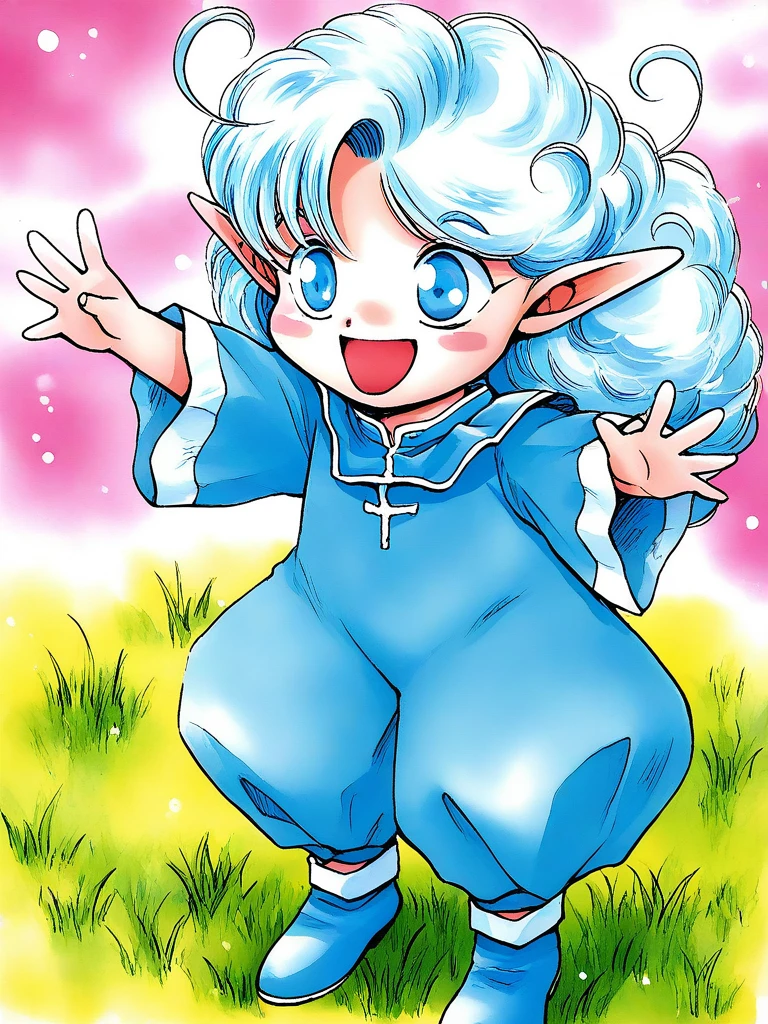 general,highres, ultra-detailed,very aesthetic,best quality ,best hands, BREAK <lora:Rumy_Fortune_Quest_Ver2.0_IS:1>Rumy(Fortune_Quest), 1girl, solo, blue eyes, pointy ears, blue hair, curly hair, ahoge,
open mouth, smile, long sleeves, light blue suit,
v arms, standing,
happy, blue boots, pants, wide sleeves,
grass,