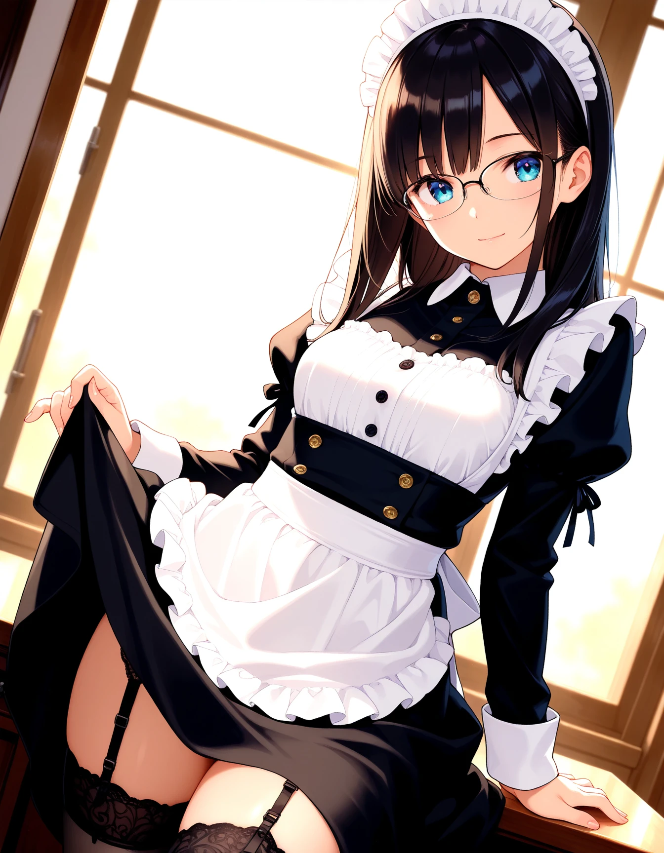 masterpiece, best quality,
1girl,solo,maid,glasses,garter straps,dutch angle,skirt lift,light smile,head tilt,hand on desk,