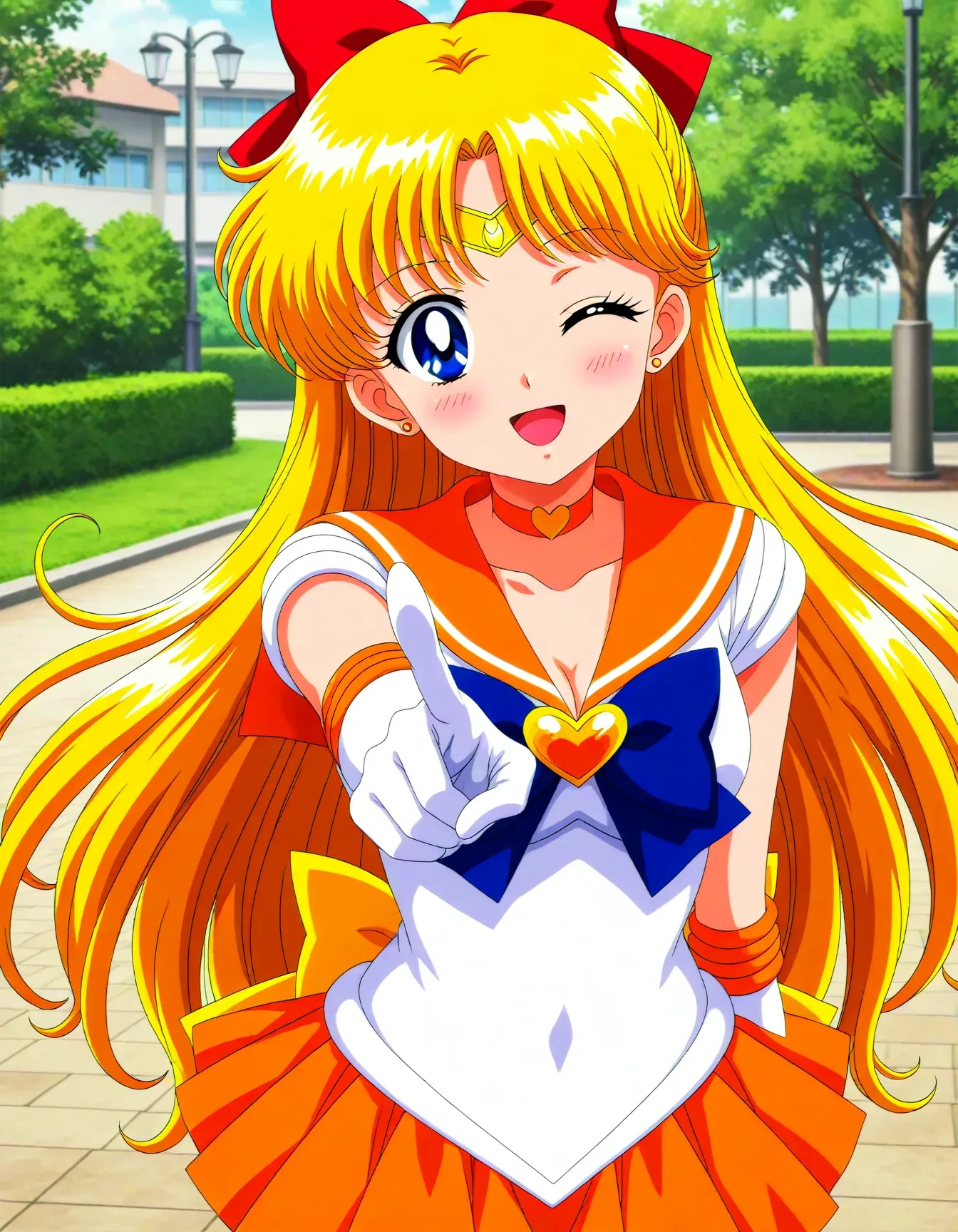 <lora:dmd2_sdxl_4step:1>,official style,masterpiece,best quality,newest,very aesthetic,highly detailed,high resolution,absurdres,highres,depth of field,super detailed skin,very awa,Anime,anime coloring,anime screencap,<lora:sailor_venus_V4.1:1>,sailor venus,blonde hair,blue eyes,tiara,bow,red hair bow,half updo,long hair,red bow,yellow back bow,heart brooch,choker,elbow gloves,jewelry,magical girl,leotard,orange choker,orange sailor collar,orange skirt,sailor collar,sailor senshi uniform,skirt,white gloves,gloves,embarrass,shy,blush,smile,(head_tilt:1.3),one eye closed,open mouth,park,index_finger_raised,pointing_at_viewer,reaching,