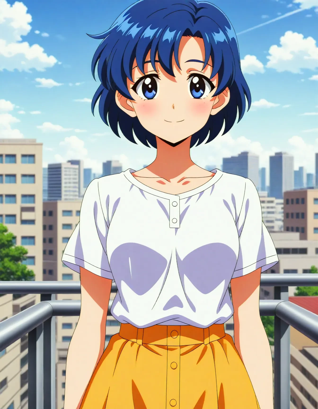<lora:dmd2_sdxl_4step:1>,official style,masterpiece,best quality,newest,very aesthetic,highly detailed,high resolution,absurdres,highres,depth of field,super detailed skin,very awa,Anime,anime coloring,anime screencap,<lora:sailor_mercury_V3.1:1>,mizuno ami,solo,blue eyes,blue hair,short hair,medium breasts,casual,city,smile,