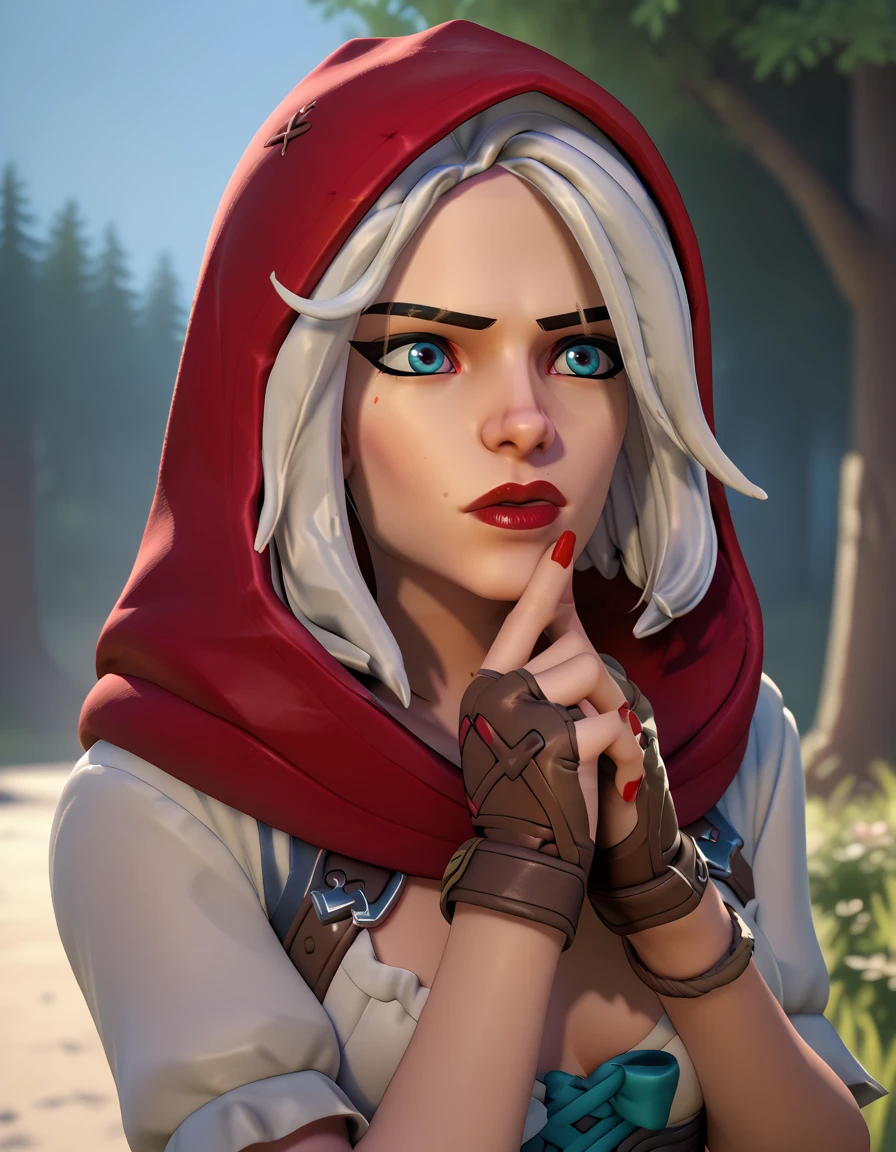 score_9, score_8_up, score_7_up, 1girl, 3d, solo focus, red hood ashe, ashe (overwatch) , in a forest <lora:Redhood_ashe_pony-000040:1> Whispering to the Sky: Look upwards as if whispering to the sky conveying a sense of spirituality and connection to nature.