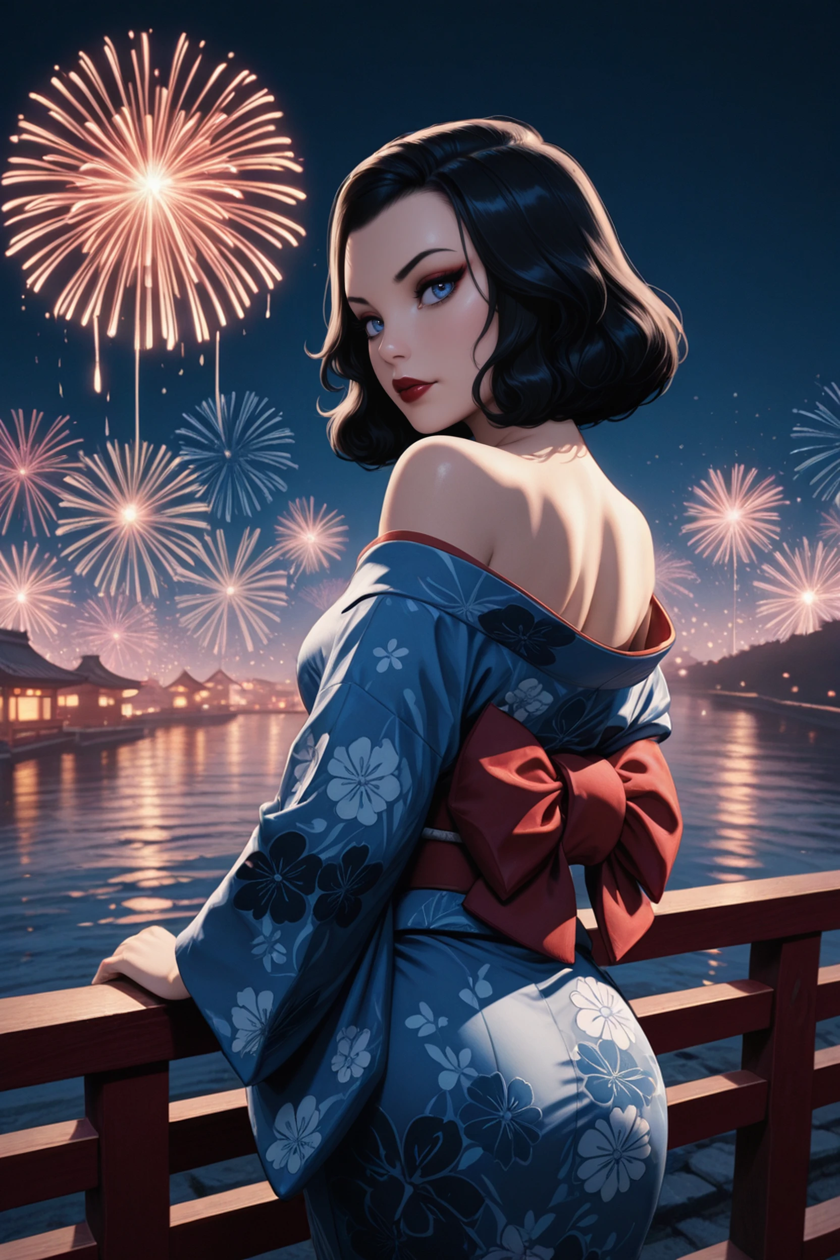 masterpiece, best quality, absurdres, highres, extremely high detail,
<lora:ILBBElizabeth:1.0>
BBElizabeth, 1girl, black hair, blue eyes, short hair, red lipstick, looking back, japanese clothes, kimono, off shoulder, bare shoulders, outdoors, night, fireworks