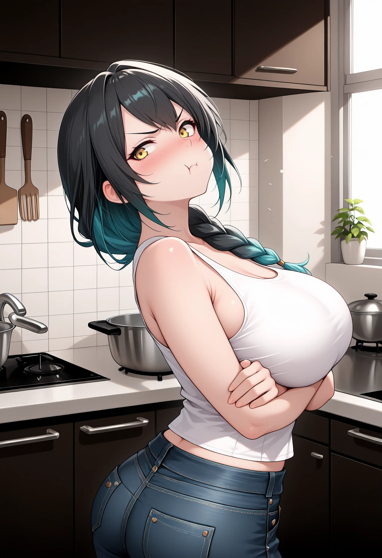 black hair, big breasts, exposed nipples