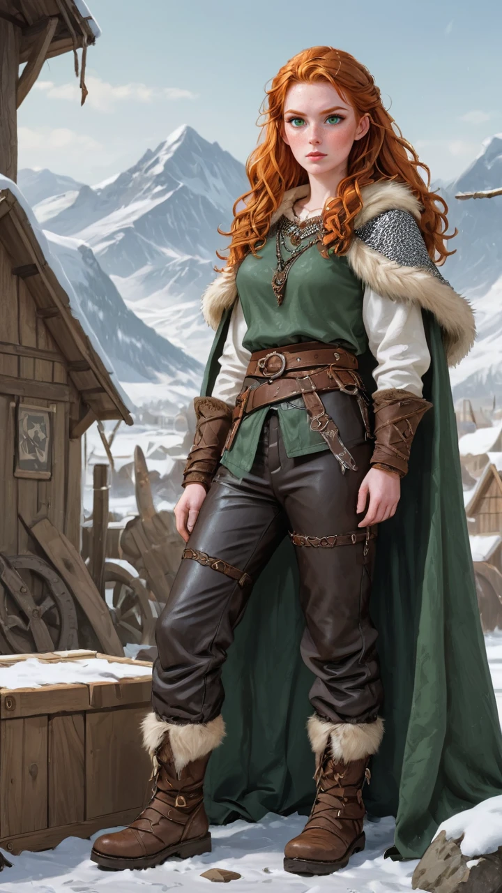 highly detailed, outline of a ginger female Viking sitting on a crate outdoors in a snowy Viking scenery, graphic novels illustration, comics,
<lora:Gingerella_-_OC:0.8> 1girl, g1ng3r3ll4, long hair, lips, freckles, redhead, ginger, pale skin, olive green eyes, wavy hair, curly hair, petite, busty, ((Wearing Viking clothes with a chainmail shirt and a fur cloak and leather pants)),