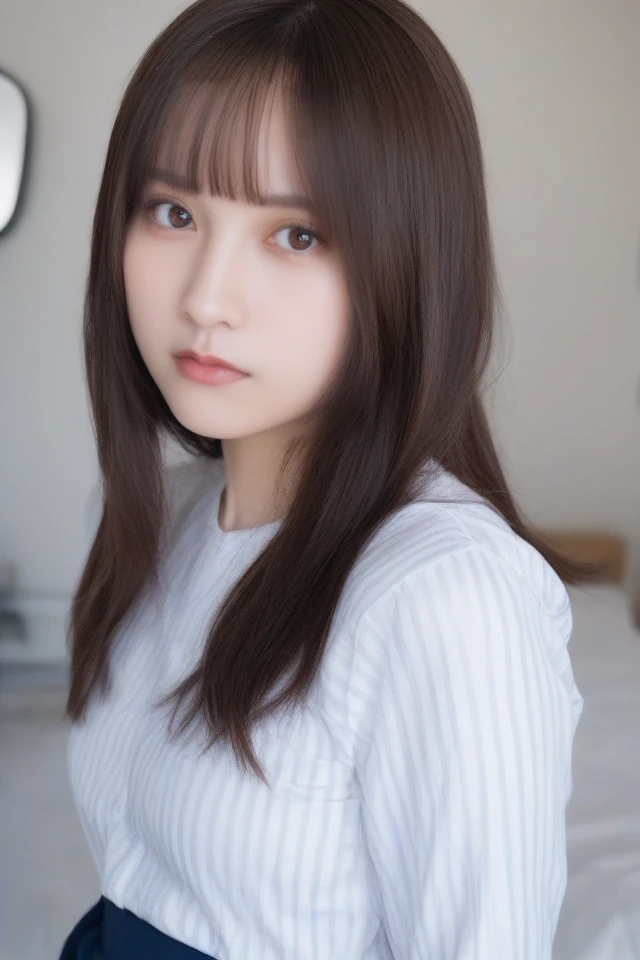 1girl,solo,shirt,long hair,skirt,looking at viewer,realistic,brown hair,bangs,striped shirt,blue skirt,long sleeves,lips,blunt bangs,striped,black eyes,cosplay,brown eyes,upper body,white shirt,indoors,closed mouth,blue shirt,real life insert,black hair,shirt tucked in,<lora:Pony-Nashiko Momotsuki:1>,