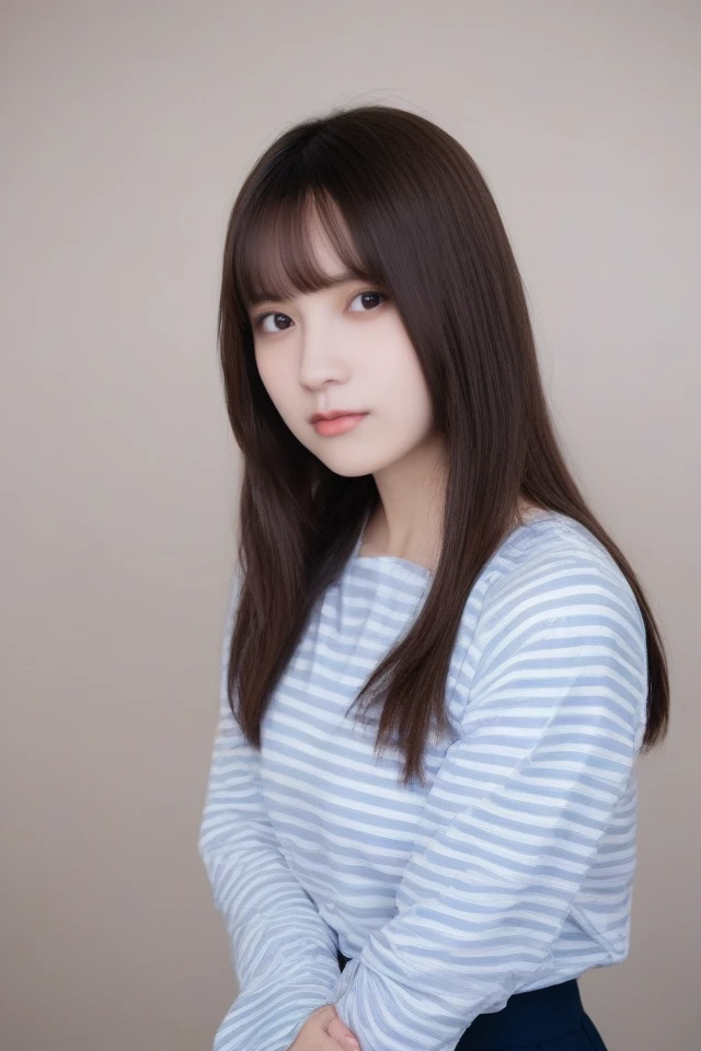 1girl,solo,shirt,long hair,skirt,looking at viewer,realistic,brown hair,bangs,striped shirt,blue skirt,long sleeves,lips,blunt bangs,striped,black eyes,cosplay,brown eyes,upper body,white shirt,indoors,closed mouth,blue shirt,real life insert,black hair,shirt tucked in,<lora:Pony-Nashiko Momotsuki:1>,