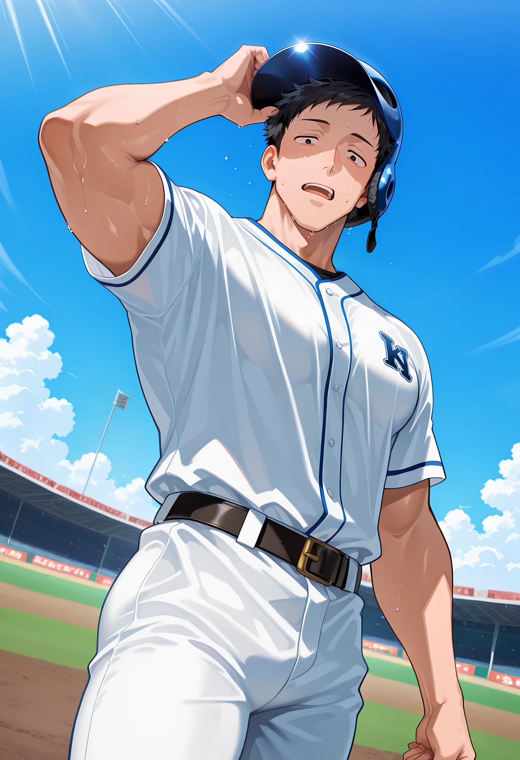 masterpiece, best quality, newest, absurdres, 1boy, male focus, upper body, solo, dutch angle, from below, looking at viewer, BREAK
<lora:Yashiro_Kizuku_Illustrious:1> y4sh1r0_k1zuku, black hair, short hair, black eyes, sanpaku, BREAK
muscular male, pectorals, large pectorals, BREAK
baseball uniform, shirt, pants, belt, baseball helmet, BREAK
open mouth, sweat, anime, BREAK
day, outdoors, baseball field, day