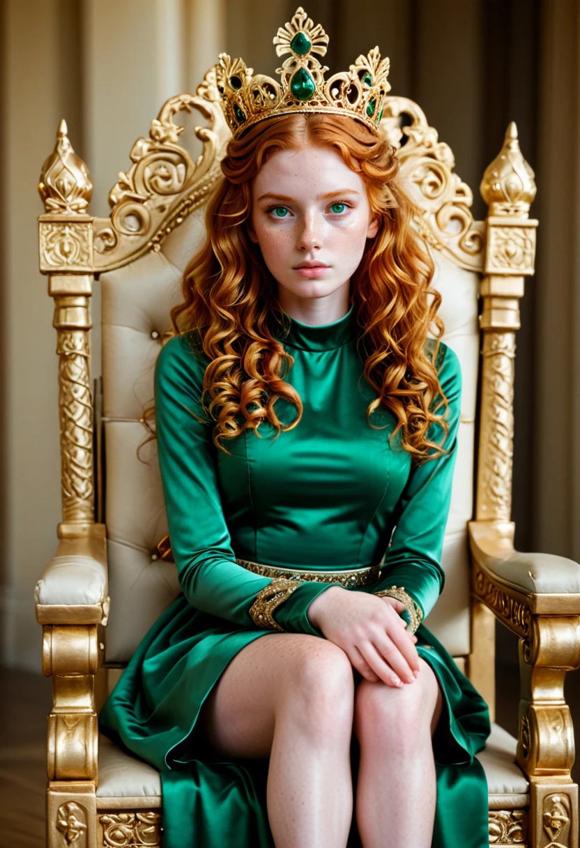 RAW cinematic photo, . 35mm photograph, film, bokeh, professional, 4k, highly detailed, cinematic lighting, breathtaking photo of a ginger girl sitting on a golden throne,
<lora:Gingerella_-_OC:0.8> 1girl, g1ng3r3ll4, long hair, lips, freckles, redhead, ginger, pale skin, olive green eyes, wavy hair, curly hair, petite, elegant green dress, tiara, princess, throne room scenery, ((wearing emerald crown, wearing elbow gloves, sitting on a throne, full body, hands in lap)),