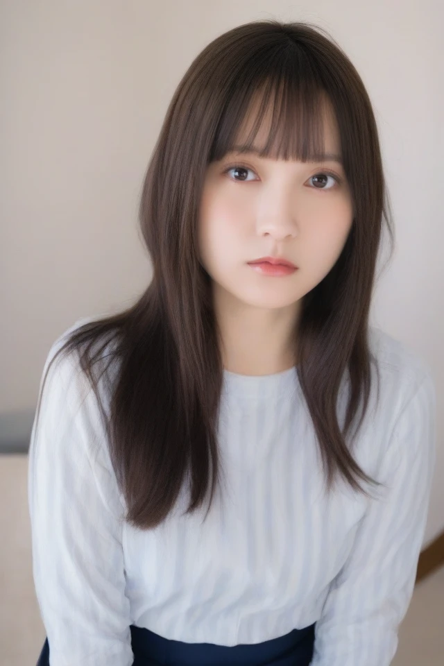 1girl,solo,shirt,long hair,skirt,looking at viewer,realistic,brown hair,bangs,striped shirt,blue skirt,long sleeves,lips,blunt bangs,striped,black eyes,cosplay,brown eyes,upper body,white shirt,indoors,closed mouth,blue shirt,real life insert,black hair,shirt tucked in,<lora:Pony-Nashiko Momotsuki:1>,