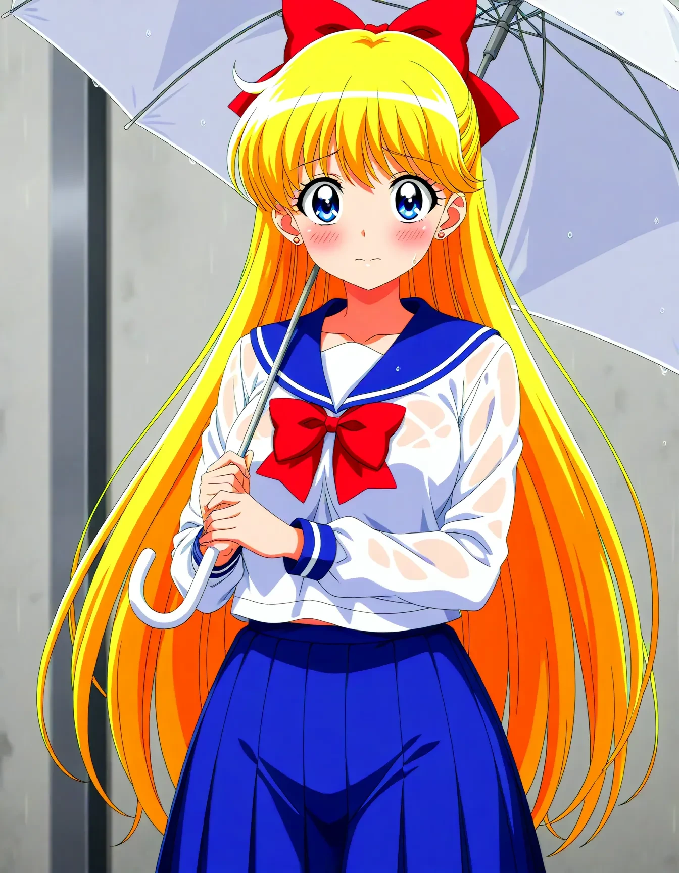 <lora:dmd2_sdxl_4step:1>,official style,masterpiece,best quality,newest,very aesthetic,highly detailed,high resolution,absurdres,highres,depth of field,super detailed skin,very awa,Anime,anime coloring,anime screencap,<lora:sailor_venus_V4.1:1>,aino minako,solo,medium breasts,earrings,school uniform,blue skirt,hair bow,white shirt,blue sailor collar,serafuku,shirt,long sleeves,pleated skirt,red bowtie,bowtie,rain,embarrass,shy,blush,hold an umbrella,wet clothes,