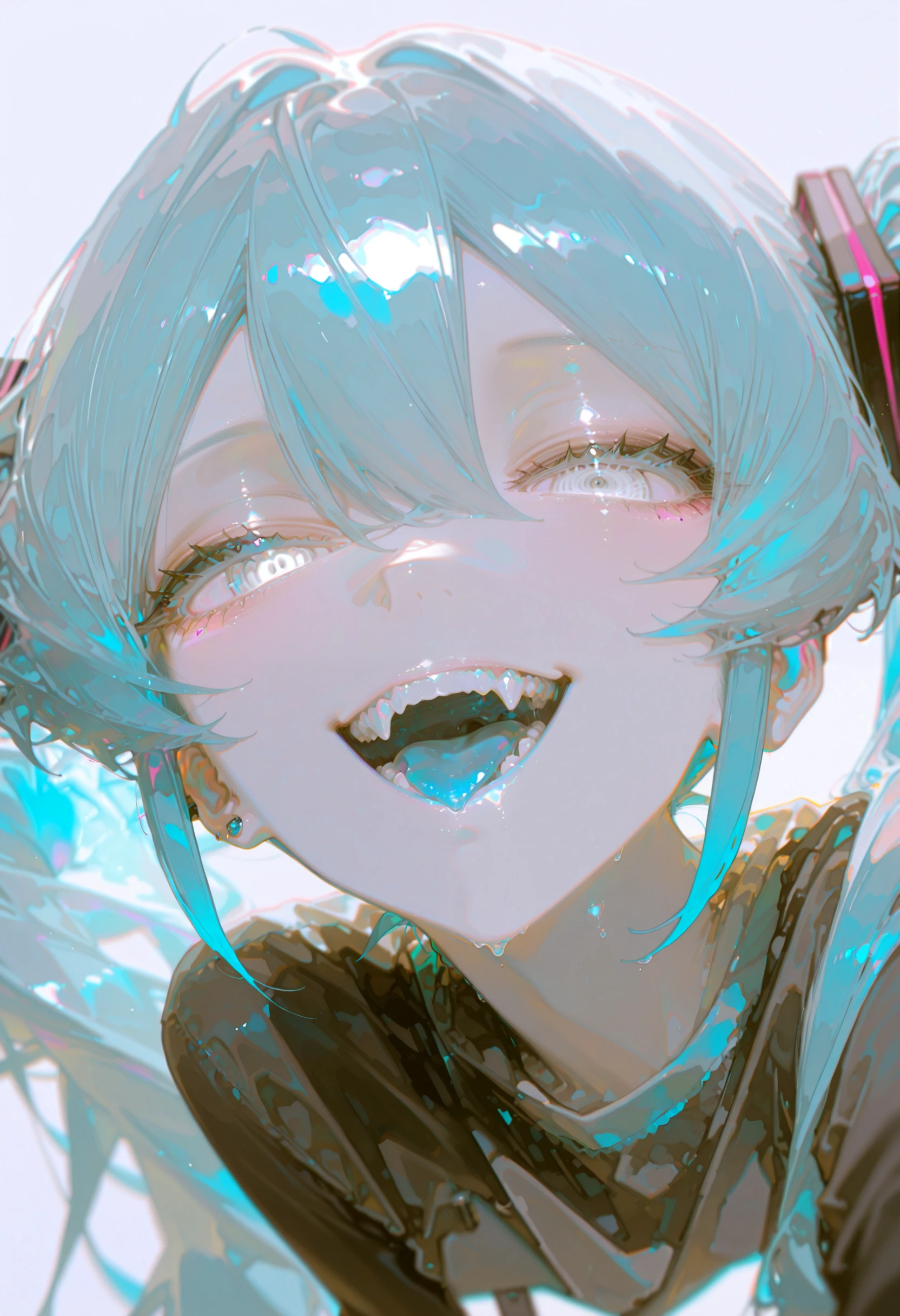 QWlh, hatsune miku, 1girl, blue tongue, colored tongue, solo, blue hair, looking at viewer, open mouth, heterochromia, blue eyes, twintails, piercing, long hair, shirt, upper body, smile, hair between eyes, teeth, white eyes, simple background, tongue, grey background, half-closed eyes, black shirt, blurry, <lora:QWlhcnRZYXNzaHk=-illustriousXL_v01_V1-CAME>