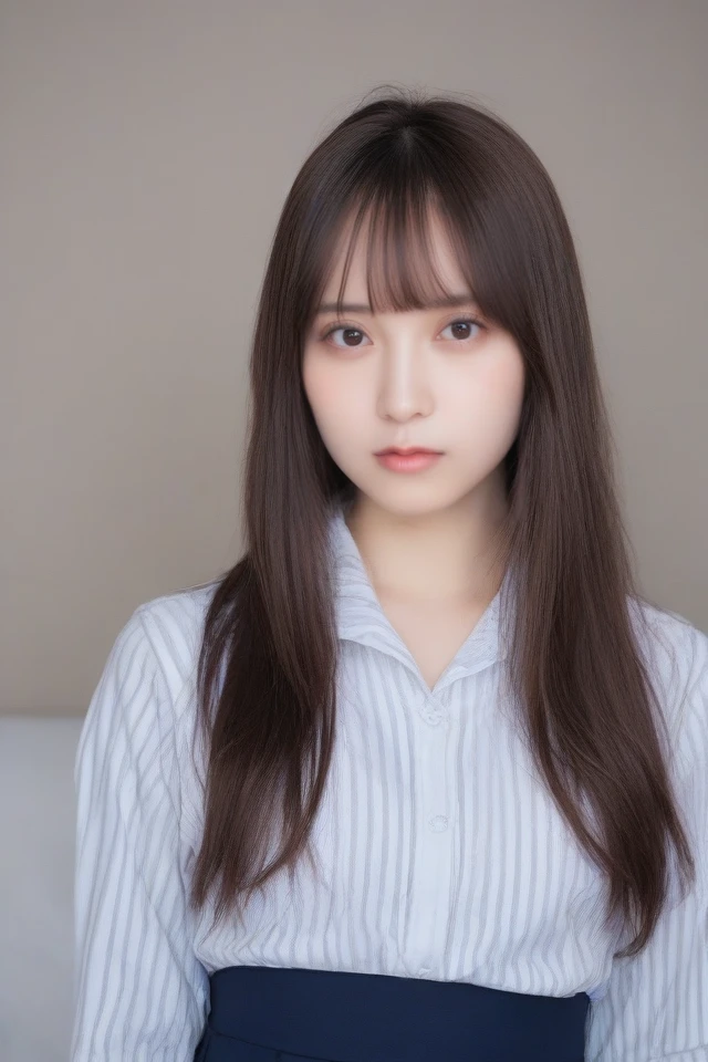 1girl,solo,shirt,long hair,skirt,looking at viewer,realistic,brown hair,bangs,striped shirt,blue skirt,long sleeves,lips,blunt bangs,striped,black eyes,cosplay,brown eyes,upper body,white shirt,indoors,closed mouth,blue shirt,real life insert,black hair,shirt tucked in,<lora:Pony-Nashiko Momotsuki:1>,
