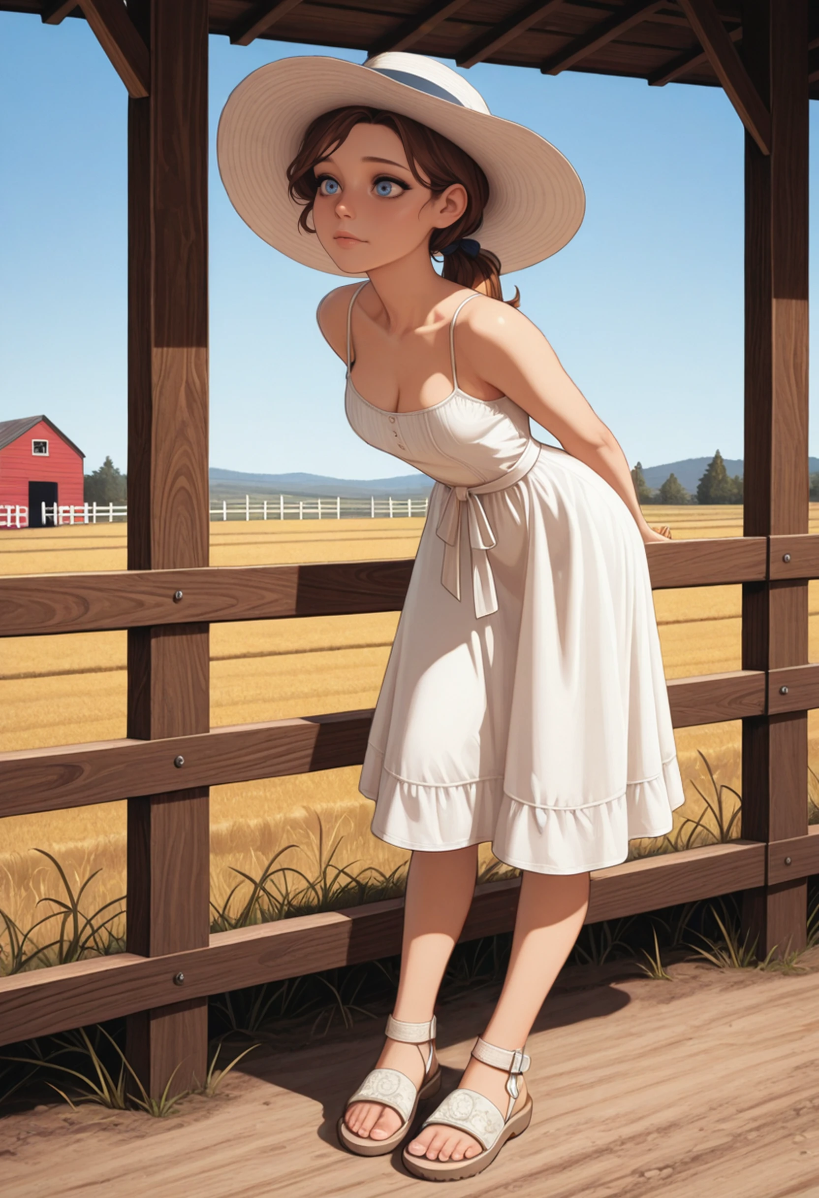 masterpiece, best quality, absurdres, highres, extremely high detail,
<lora:ILBElizabeth:1.0>
BElizabeth, 1girl, brown hair, ponytail, blue eyes, white sundress, arms behind back, leaning forward, spaghetti straps, sandals, full body, sun hat, farm, fence, barn, blue sky