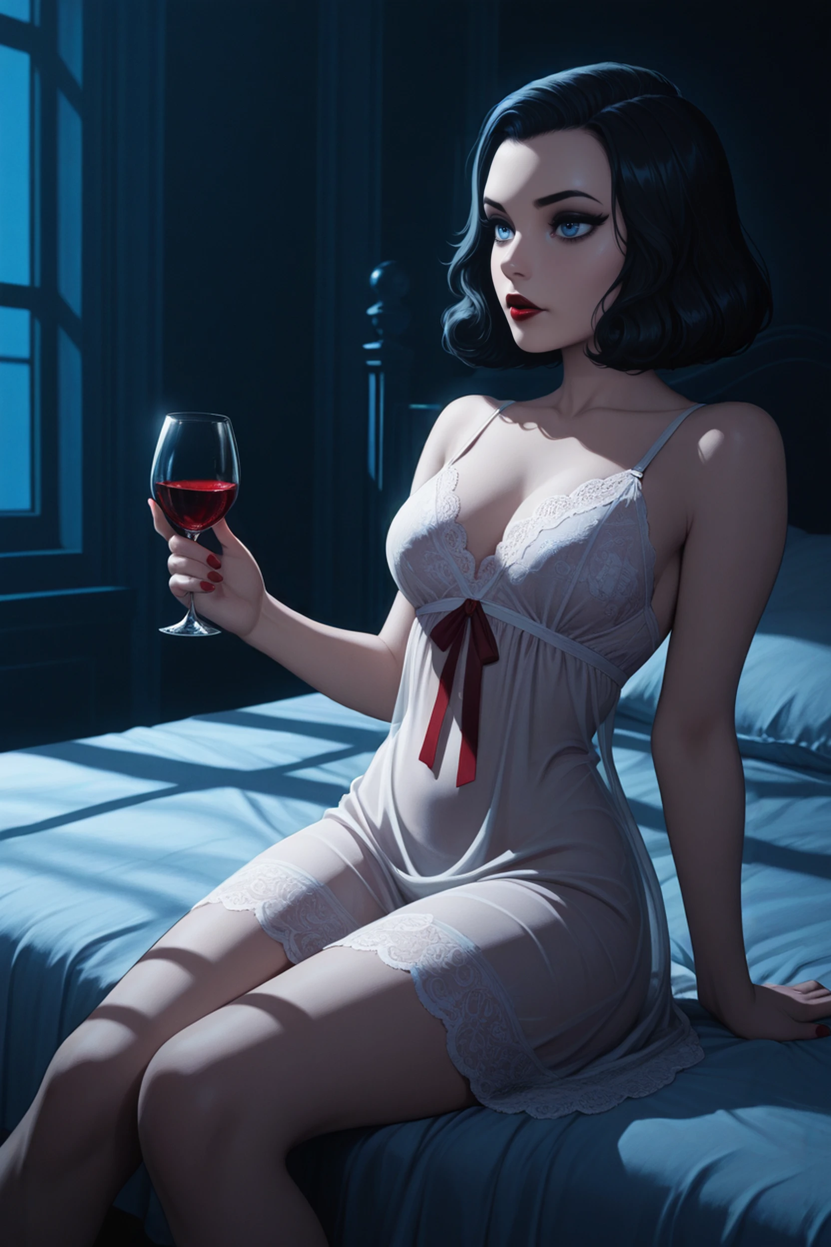 masterpiece, best quality, absurdres, highres, extremely high detail,
<lora:ILBBElizabeth:1.0>
BBElizabeth, 1girl, black hair, blue eyes, short hair, red lipstick, white lingerie, bare shoulders, nightgown, lace trim, see-through, holding wineglass, sitting, bed, dark room