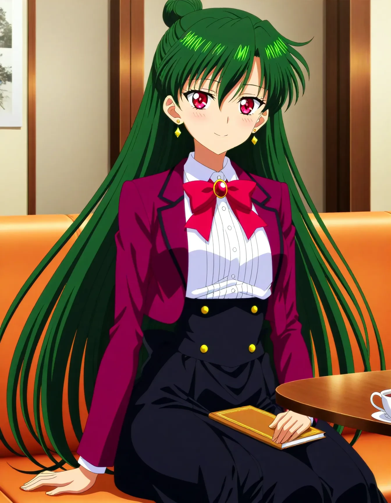 <lora:dmd2_sdxl_4step:1>,official style,masterpiece,best quality,newest,very aesthetic,highly detailed,high resolution,absurdres,highres,depth of field,super detailed skin,very awa,Anime,anime coloring,anime screencap,<lora:sailor_pluto_V3.1:1>,meiou setsuna,solo,red eyes,medium breasts,long hair,very long hair,green hair,hair bun,single hair bun,jewelry,earrings,red brooch,red bow,purple jacket,jacket,open jacket,shirt,skirt,long_skirt,purple high-waist skirt,long sleeves,black line,smile,sitting,afternoon tea,