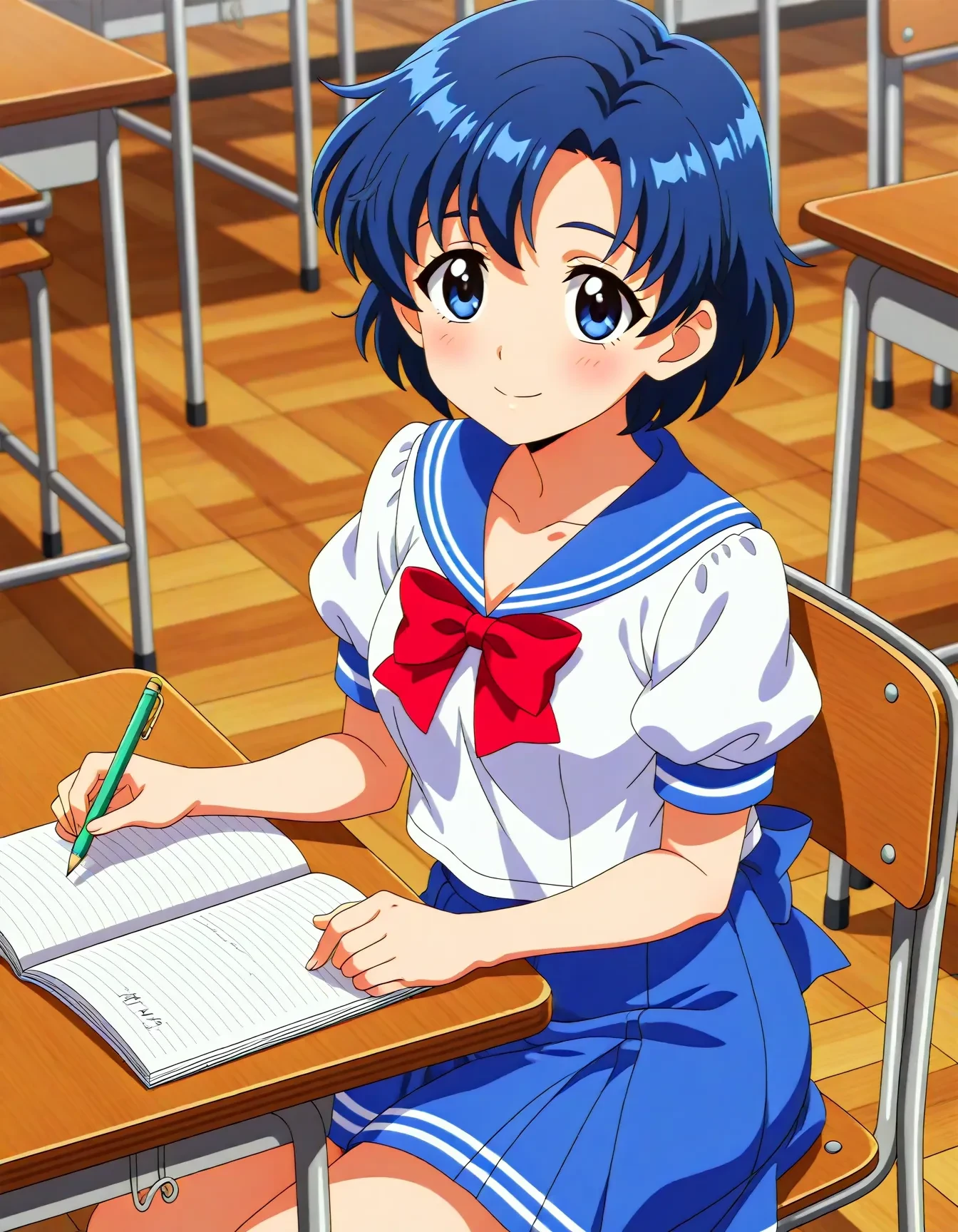 <lora:dmd2_sdxl_4step:1>,official style,masterpiece,best quality,newest,very aesthetic,highly detailed,high resolution,absurdres,highres,depth of field,super detailed skin,very awa,Anime,anime coloring,anime screencap,<lora:sailor_mercury_V3.1:1>,mizuno ami,solo,blue eyes,blue hair,short hair,medium breasts,skirt,blue skirt,blue sailor collar,school uniform,sailor collar,pleated skirt,blue back bow,serafuku,short sleeves,puffy sleeves,red bow,puffy short sleeves,sitting,classroom,school_desk,chair,notebook,pencil,