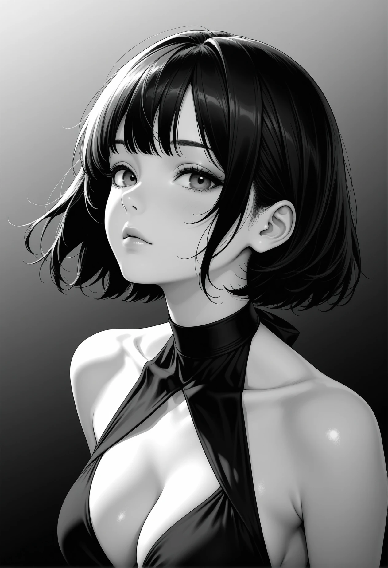 high_quality, highres, beautiful, detailed, (masterpiece, best quality:1.2), absurdres, 8k, HDR, 1girl, bangs, bare shoulders, black dress, black hair, breasts, cleavage, collarbone, dress, gradient, gradient background, greyscale, halter dress, halterneck, looking at viewer, medium breasts, short hair, solo, standing, dynamic angle, dynamic posing,