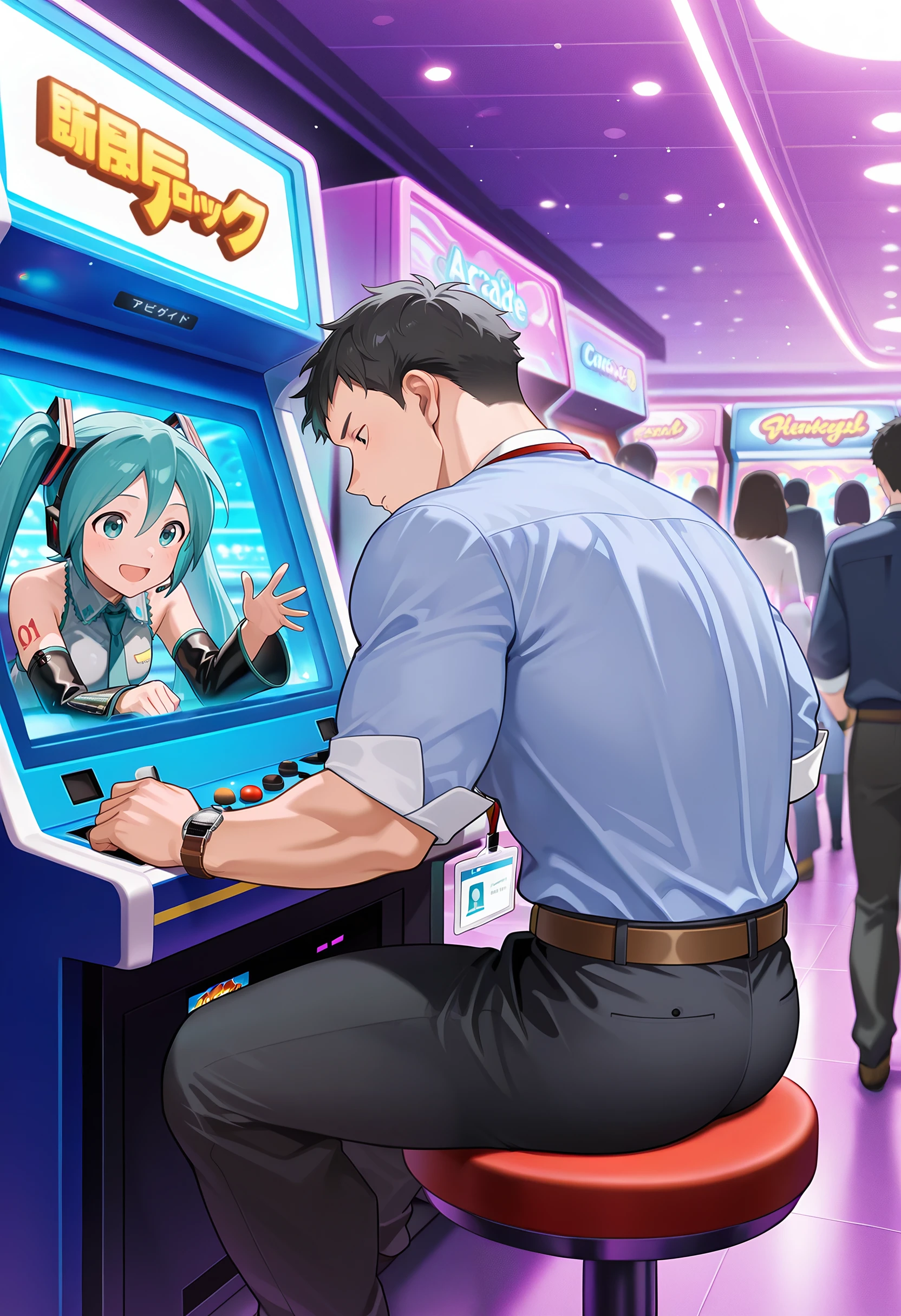 masterpiece, best quality, newest, absurdres, 1boy, male focus, from behind, sitting, hunched over, playing arcade games, BREAK
<lora:Yashiro_Kizuku_Illustrious:1> y4sh1r0_k1zuku, black hair, short hair, black eyes, sanpaku, BREAK
muscular male, pectorals, large pectorals, BREAK
blue shirt, id card, collared shirt, lanyard, three-quarter sleeves, breast pocket, wristwatch, brown belt, BREAK
focused, anime, BREAK
indoors, arcade, arcade cabinet, people, neon colors, people, bokeh