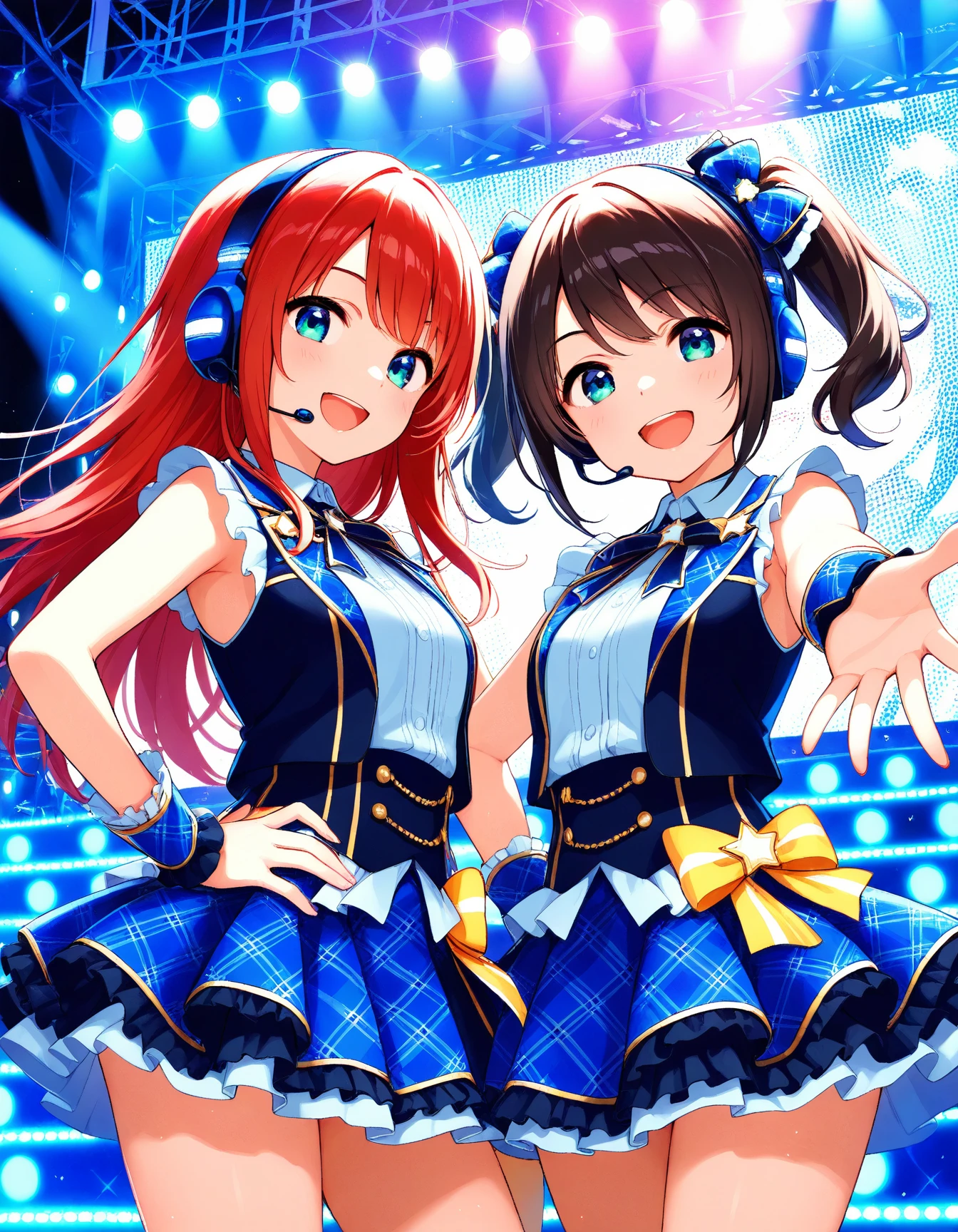 masterpiece, best quality,
2girls,idol clothes,idol,headset,stage,smile,open mouth,hand on hip,outstretched arm,