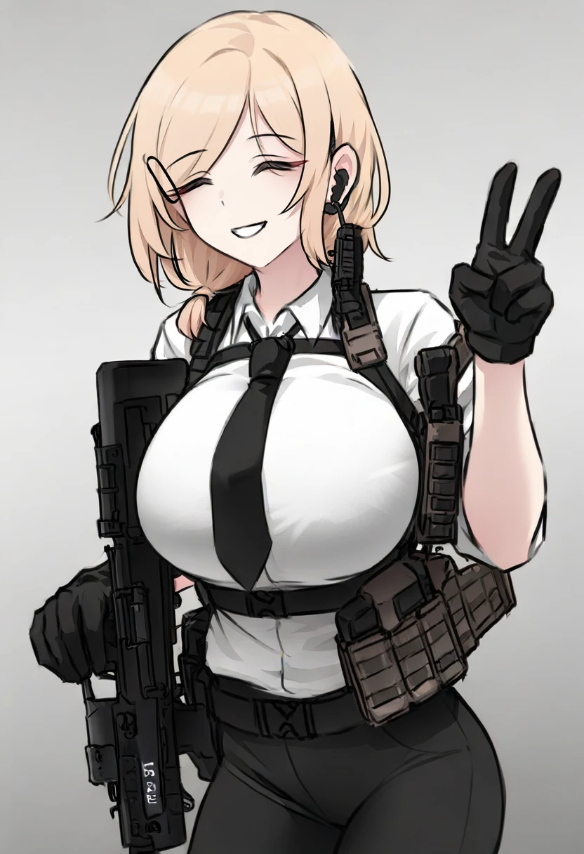 1girl, earpiece, weapon, gun, blonde hair, gloves, closed eyes, black pants, holding weapon, solo, shirt, white shirt, necktie, holding, black necktie, smile, holding gun, breasts, black gloves, white background, pants, assault rifle, rifle, collared shirt, medium hair, simple background, large breasts, bangs, hairclip, hair ornament, walkie-talkie, trigger discipline, v, bullpup <lora:K0NGXL_il1_lokr_V6311P:0.95>