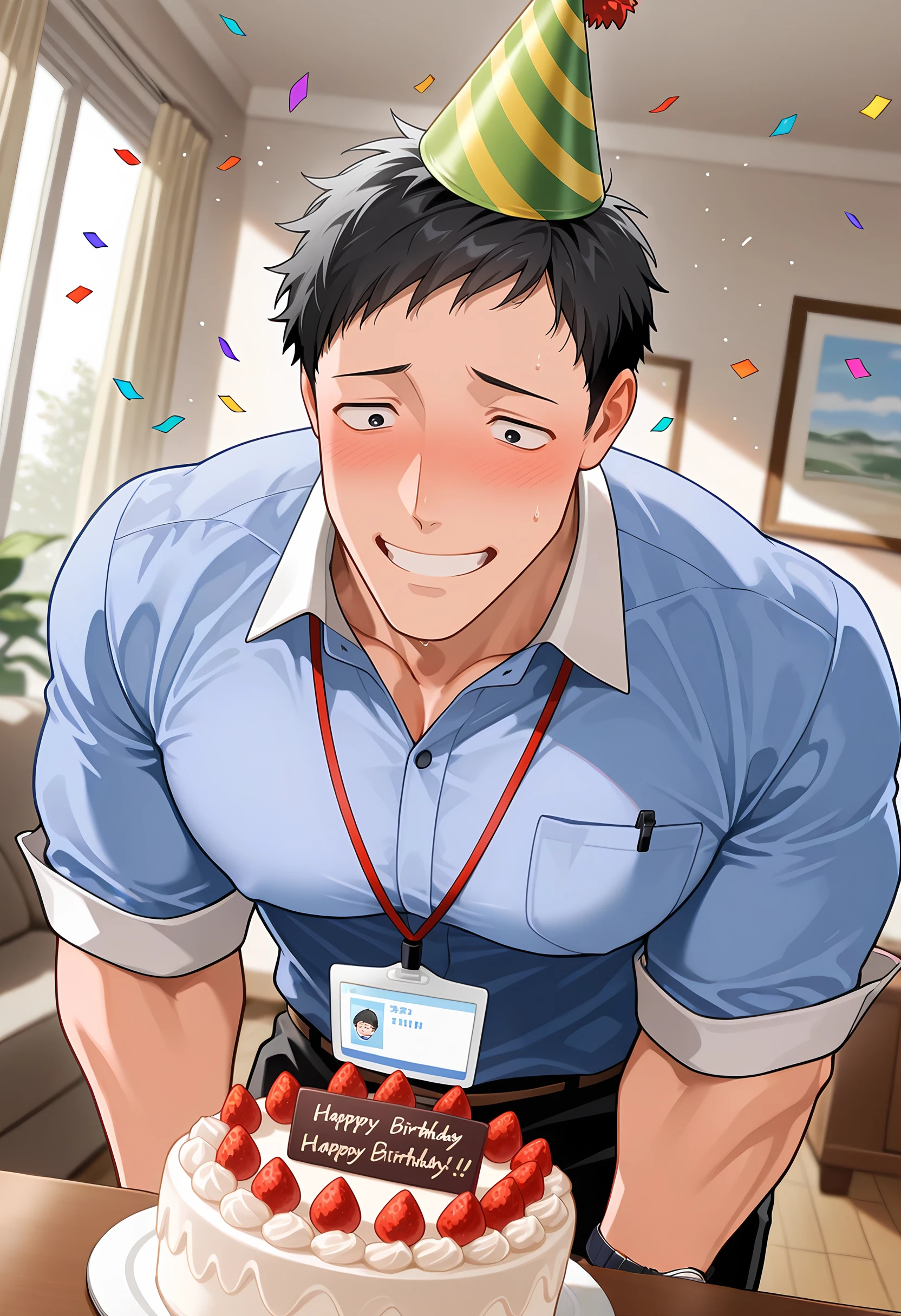 masterpiece, best quality, newest, absurdres, 1boy, male focus, upper body, solo, leaning forward, wide smile, dynamic angle, birthday cake, BREAK
<lora:Yashiro_Kizuku_Illustrious:1> y4sh1r0_k1zuku, black hair, short hair, black eyes, sanpaku, BREAK
muscular male, pectorals, large pectorals, BREAK
party hat, blue shirt, id card, collared shirt, lanyard, three-quarter sleeves, breast pocket, wristwatch, brown belt, BREAK
blush, embarrassed, anime, BREAK
day, natural lighting, indoors, living room, confetti, festive, happy birthday