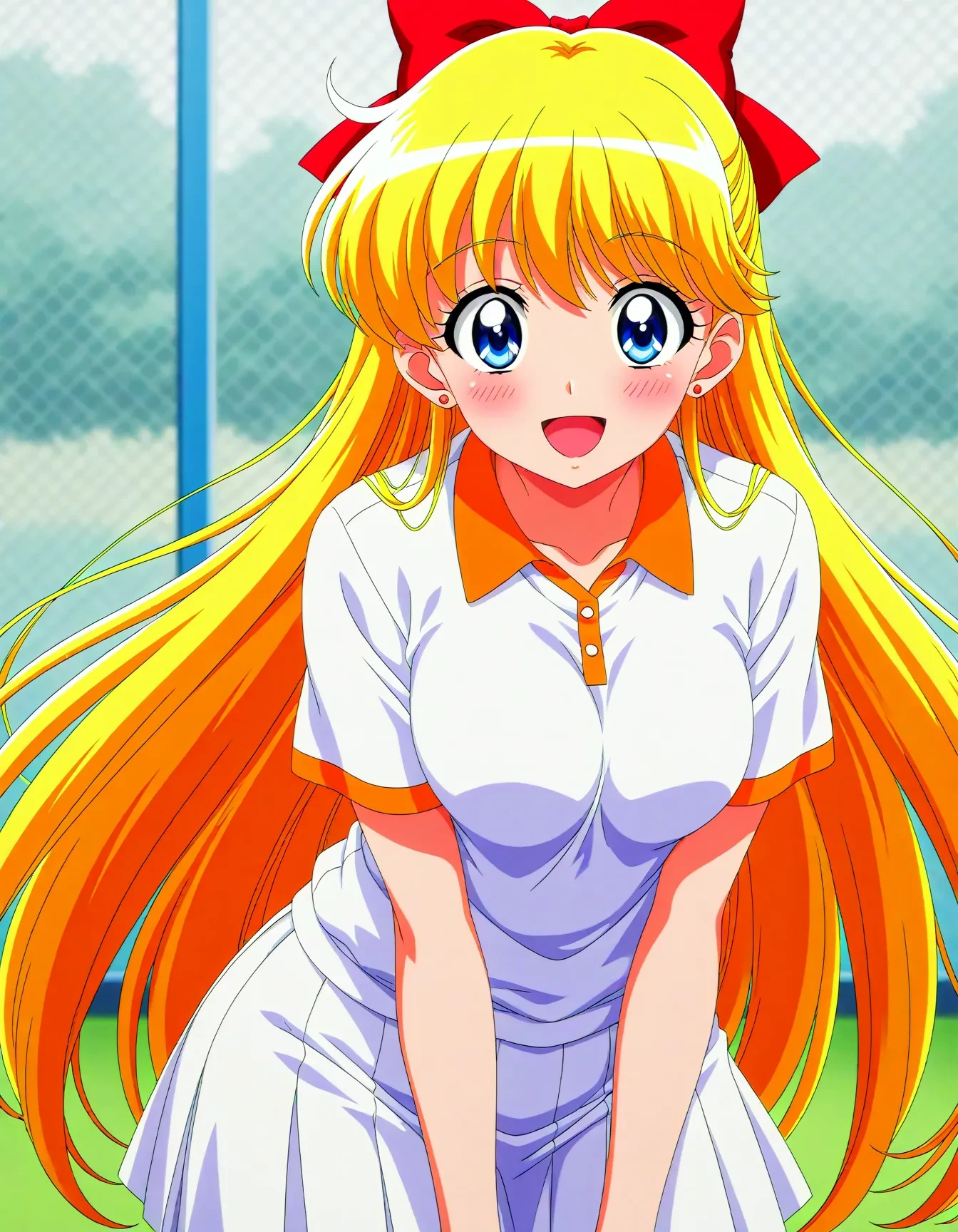 <lora:dmd2_sdxl_4step:1>,official style,masterpiece,best quality,newest,very aesthetic,highly detailed,high resolution,absurdres,highres,depth of field,super detailed skin,very awa,Anime,anime coloring,anime screencap,<lora:sailor_venus_V4.1:1>,aino minako,solo,medium breasts,bowtie,earrings,hair bow,open mouth,smile,tennis_uniform,playing,