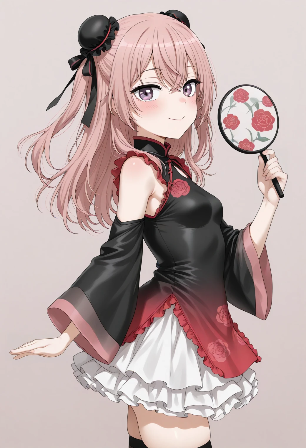 masterpiece, best quality, amazing quality, 1girl, solo, smile, cute pose, blush, anime screencap, makeup, simple background, from side, <lora:SonoBisqueDoll_InuiSajuna_IlluXL:0.9>, long hair, two side up, crossed bangs, pink hair, multicolored eyes, hair flower, <lora:Miku_Modern_China_Dress_TEST_v1_0:0.8>, Miku_Modern_China_Dress_TEST_v1_0, holding fan, dress, bare shoulders, detached sleeves, sleeveless, wide sleeves, hair ribbon, sleeveless shirt, neck collar, white skirt(frills, layered), chinese clothes, china dress(black), multicolored clothes, floral print, thighhighs, zettai ryouiki, double bun, bun cover, <lora:wai-Rectified-s:1>, <lora:prompt_extend:1>